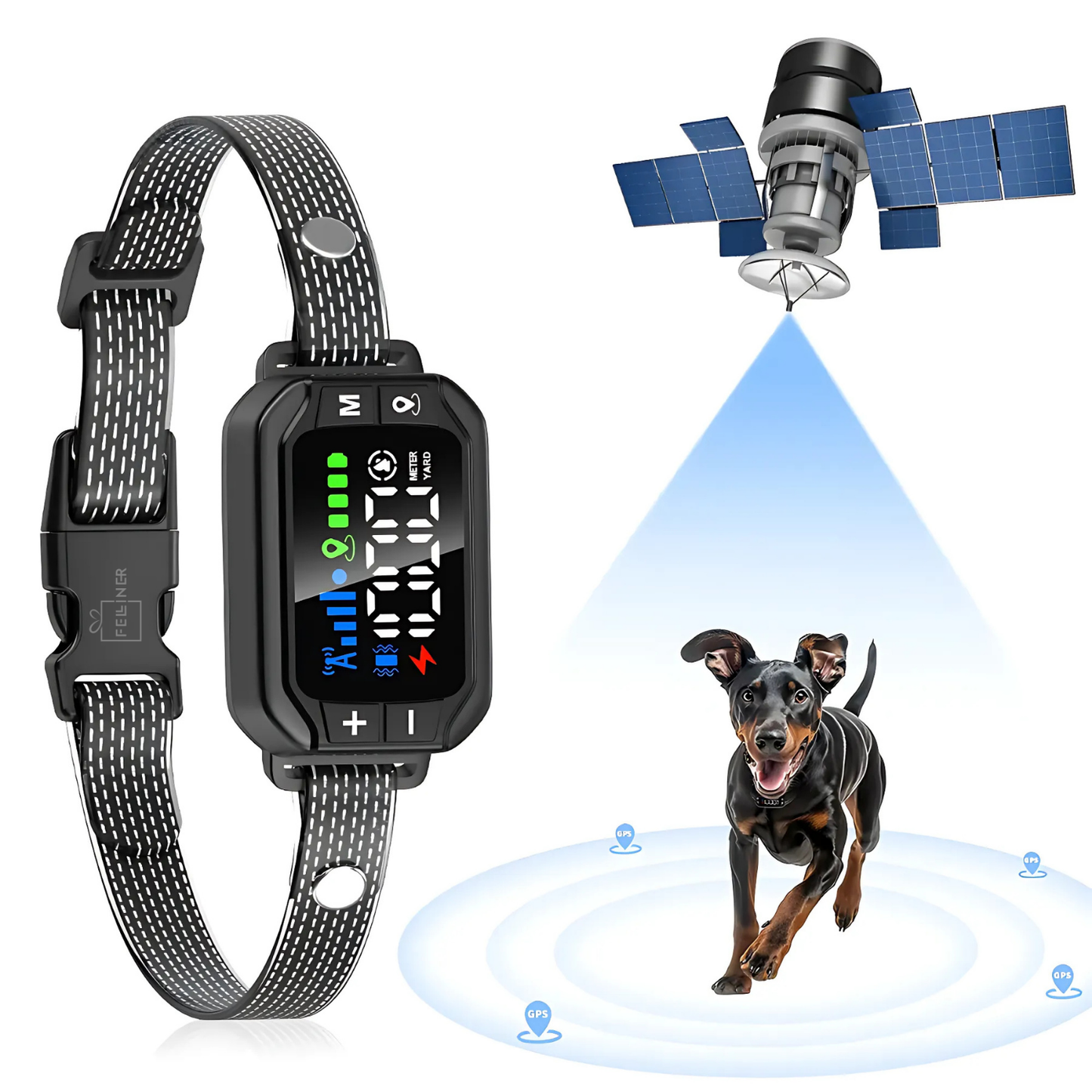 Zgarda electrica inteligenta TZ-G723 pentru caini, GPS, raza 30-914 m, alarma, vibratie/sunet, fara fir, IPX7, baterie 800 mAh, functie anti-pierdere si reintoarcere automata, negru