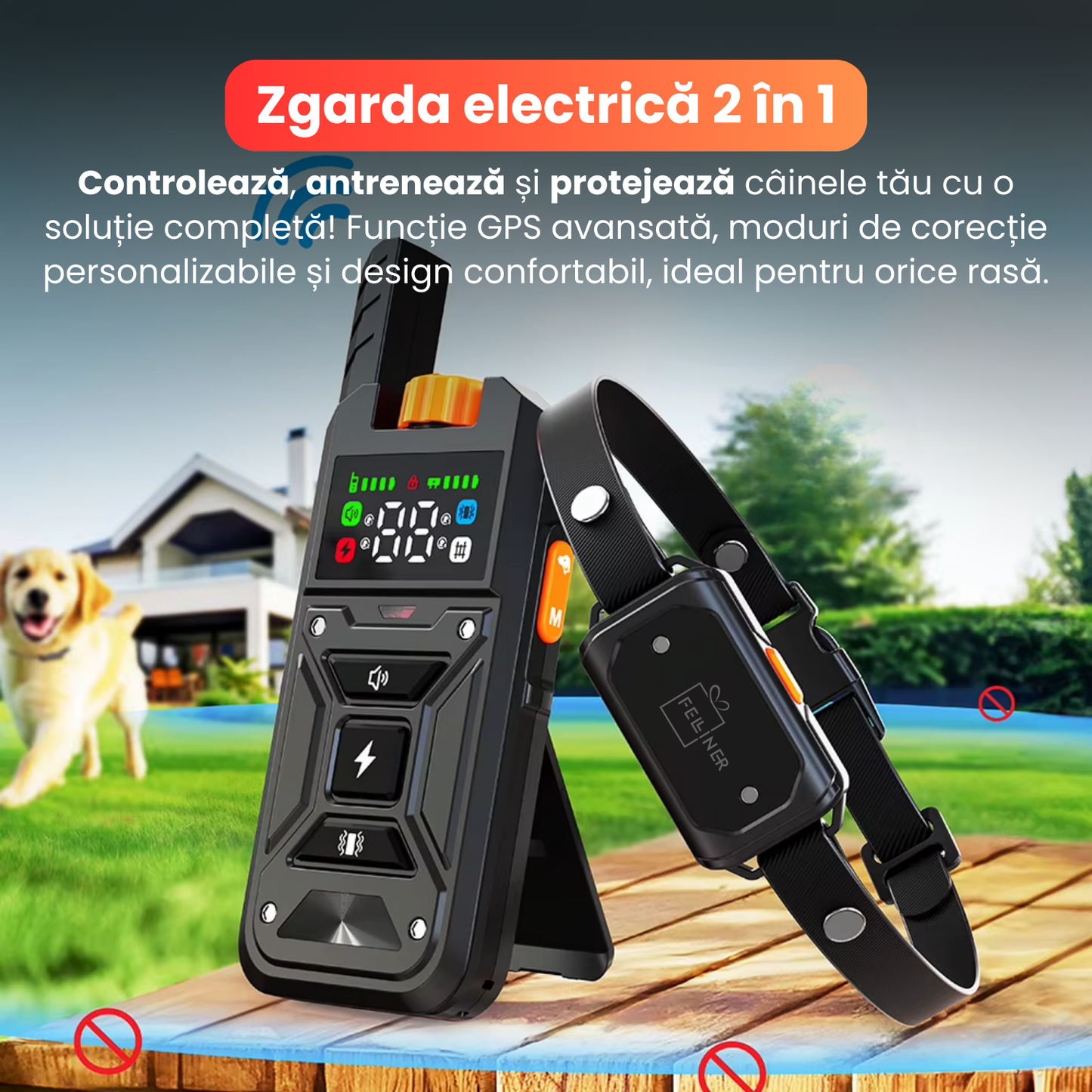Zgarda electrica 2 in 1 pentru caini, TZ-382, gard wireless + functie de dresaj, raza 10–300m, 3 moduri de corectie sunet, vibratie, soc, baterie 500 mAh, rezistenta la apa IPX7, negru