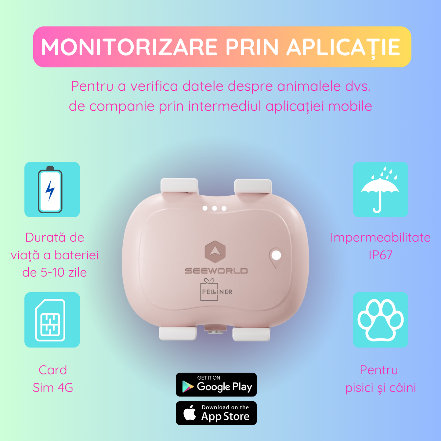 Dispozitiv monitorizare, pentru pisici si caini, gard virtual, autonomie 5-10 zile, rezistenta la apa IP67, SIM 4G, roz