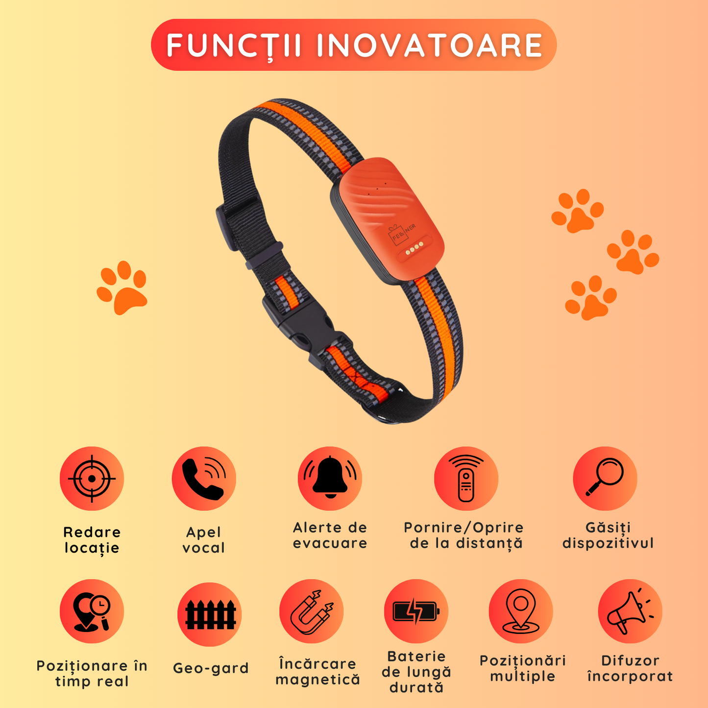 Zgarda cu GPS 4G pentru caini si pisici, rezistenta la apa IP67, urmarire in timp real, alarma sonora si luminoasa, gard virtual, apel bidirectional, control prin aplicatie, rosu