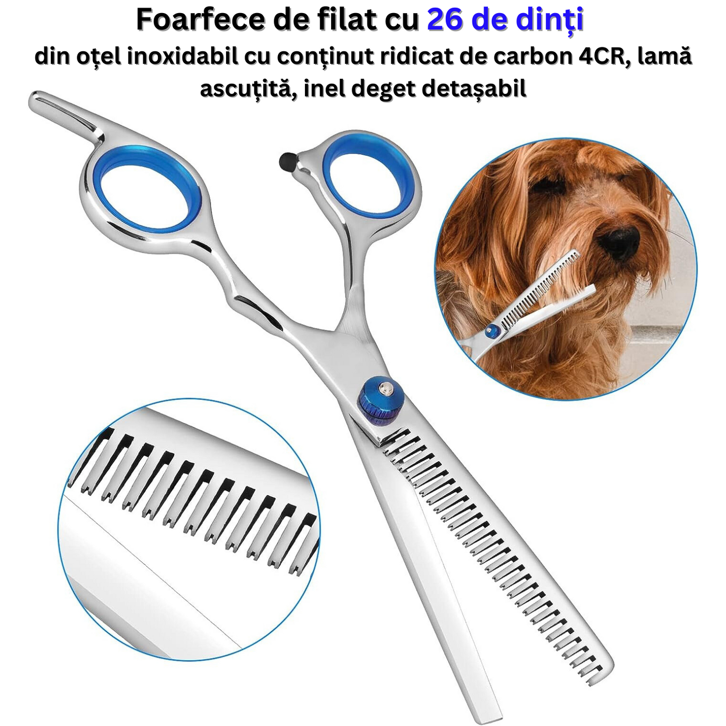 Set 2 foarfece profesionale pentru ingrijirea cainilor, piepten, geanta transport, otel, 15cm, Felliner, albastru