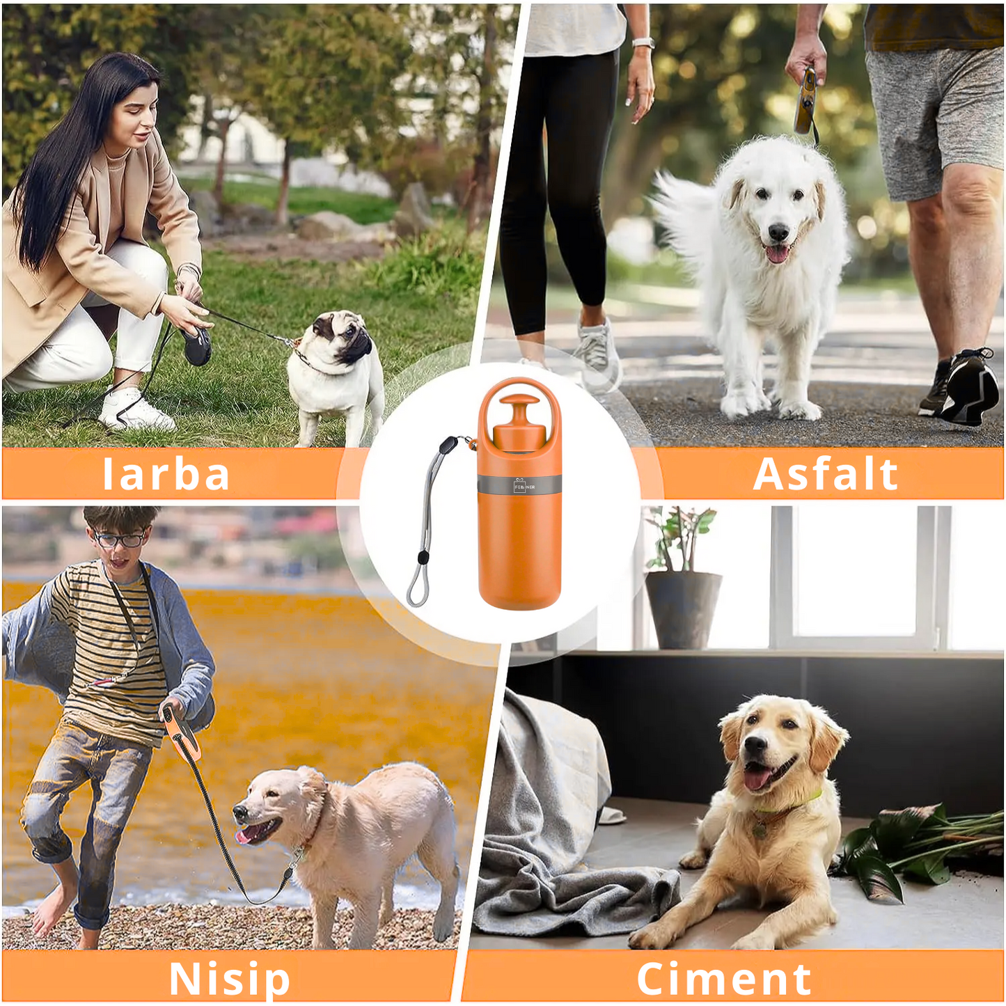 Colector excremente animale de companie, caini, pisici, Felliner, dispozitiv portabil pentru adunarea igienica a deseurilor, cleste cu 6 gheare, ABS, 6.5x19 cm, compartiment saci integrat, portocaliu