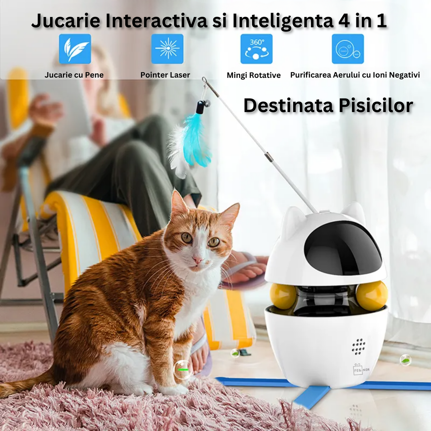 Jucarie interactiva pentru pisici, Felliner, automata 3in1, laser, mingi, panglica, rotatie 360¡, alb