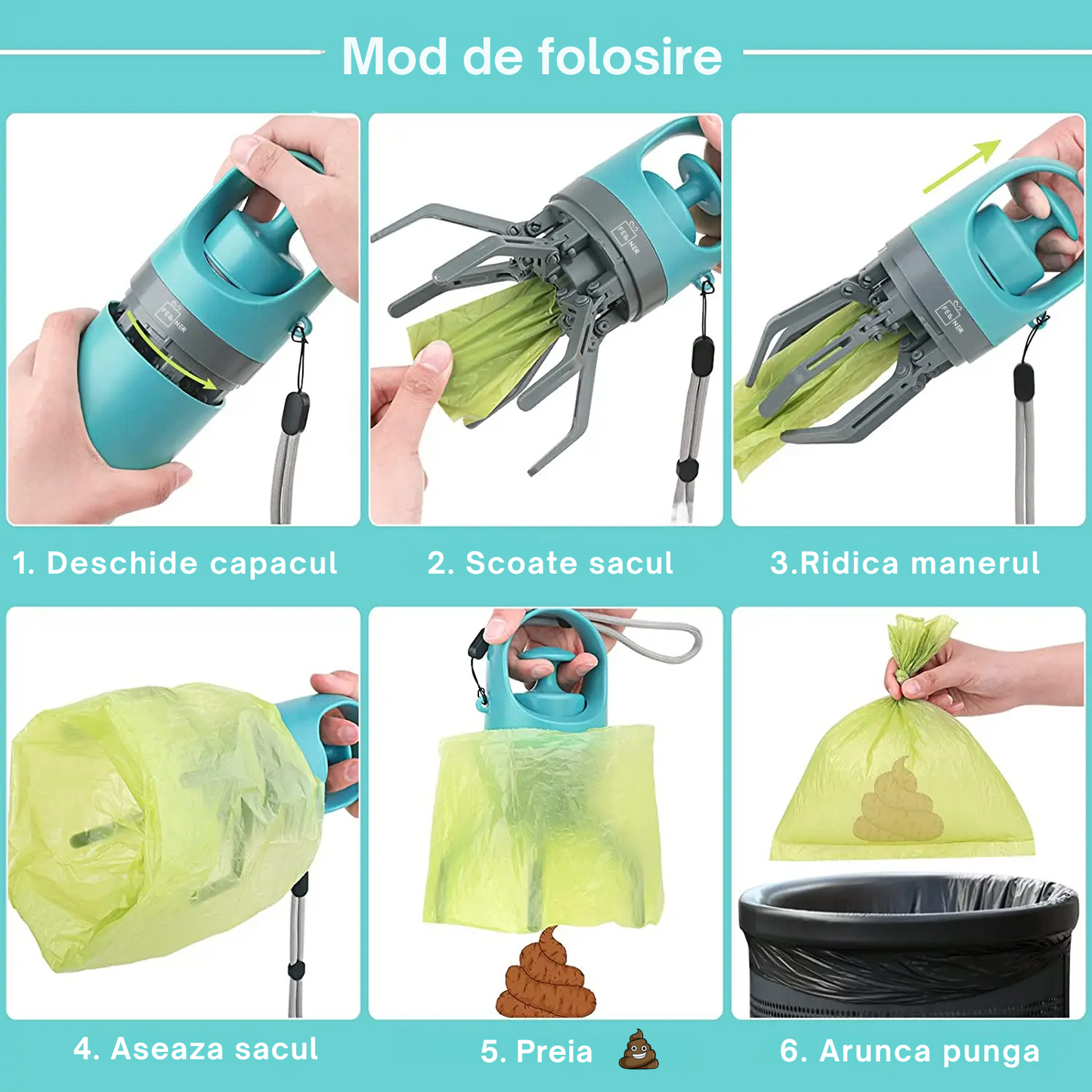 Colector excremente animale de companie, caini, pisici, Felliner, dispozitiv portabil pentru adunarea igienica a deseurilor, cleste cu 6 gheare, ABS, 6.5x19 cm, compartiment saci integrat, albastru