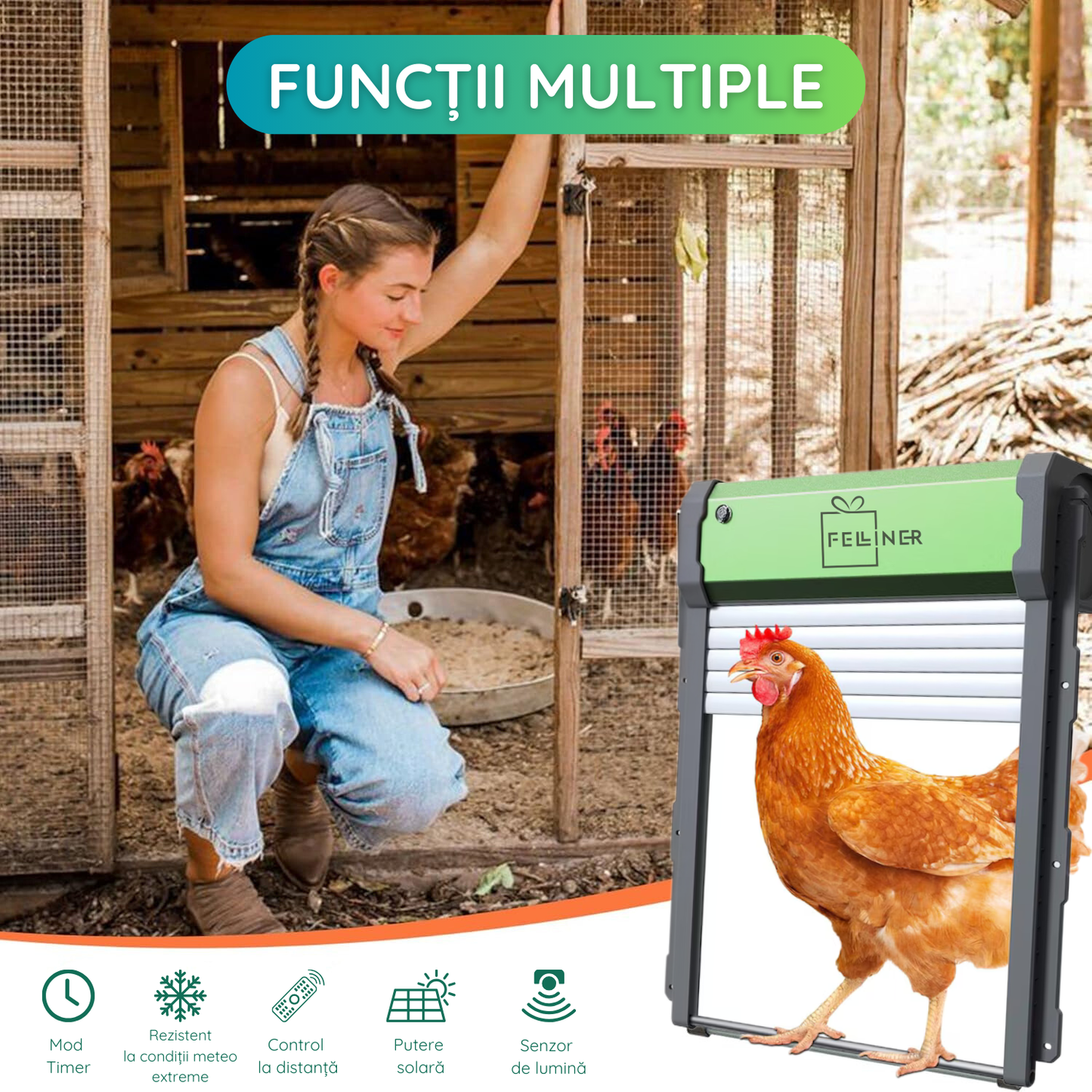 Usa automata pentru cotet gaini, alimentare panou solar, telecomanda, temporizator, senzor de lumina, senzor obstacol, control telecomanda, impermeabil IP67, verde