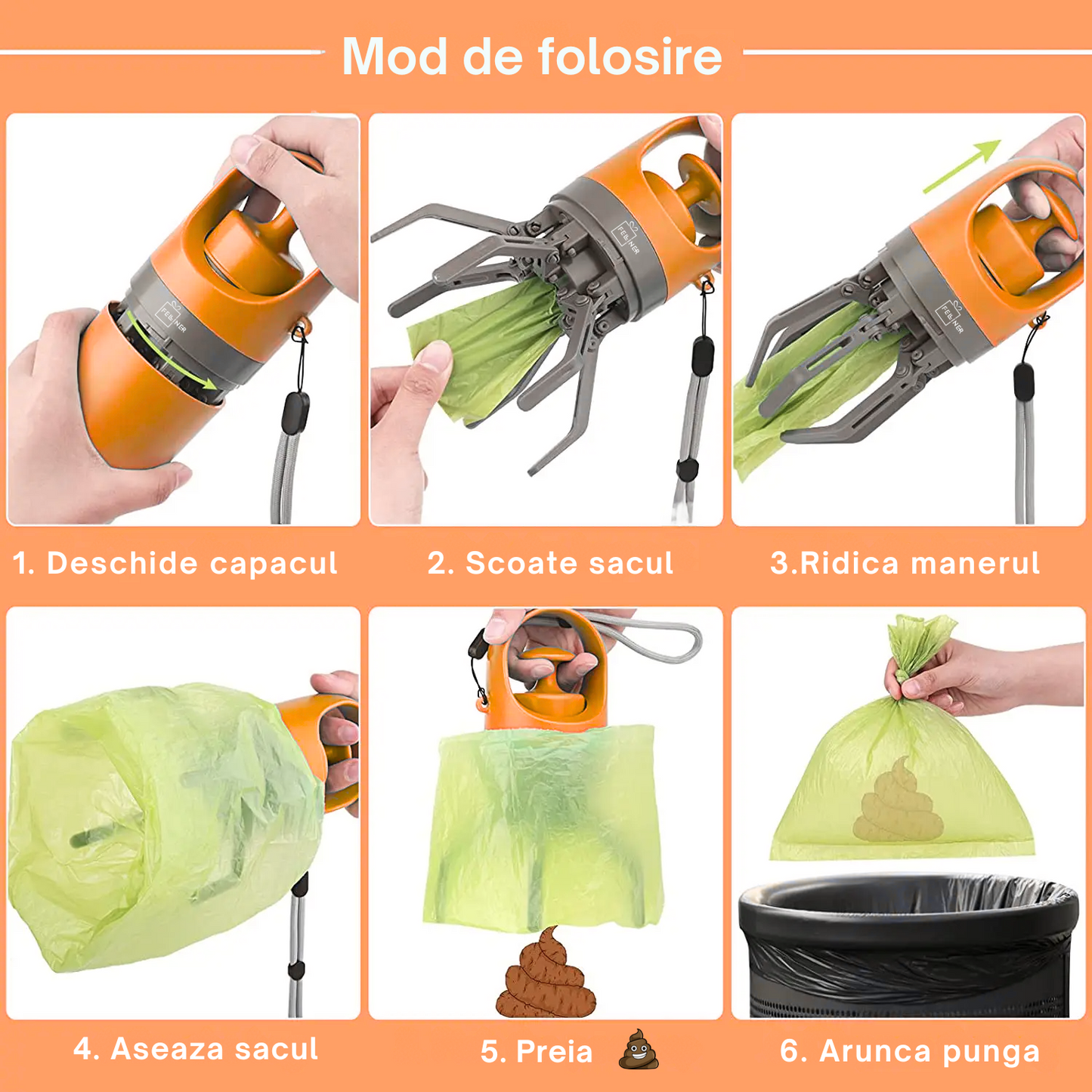 Colector excremente animale de companie, caini, pisici, Felliner, dispozitiv portabil pentru adunarea igienica a deseurilor, cleste cu 6 gheare, ABS, 6.5x19 cm, compartiment saci integrat, portocaliu