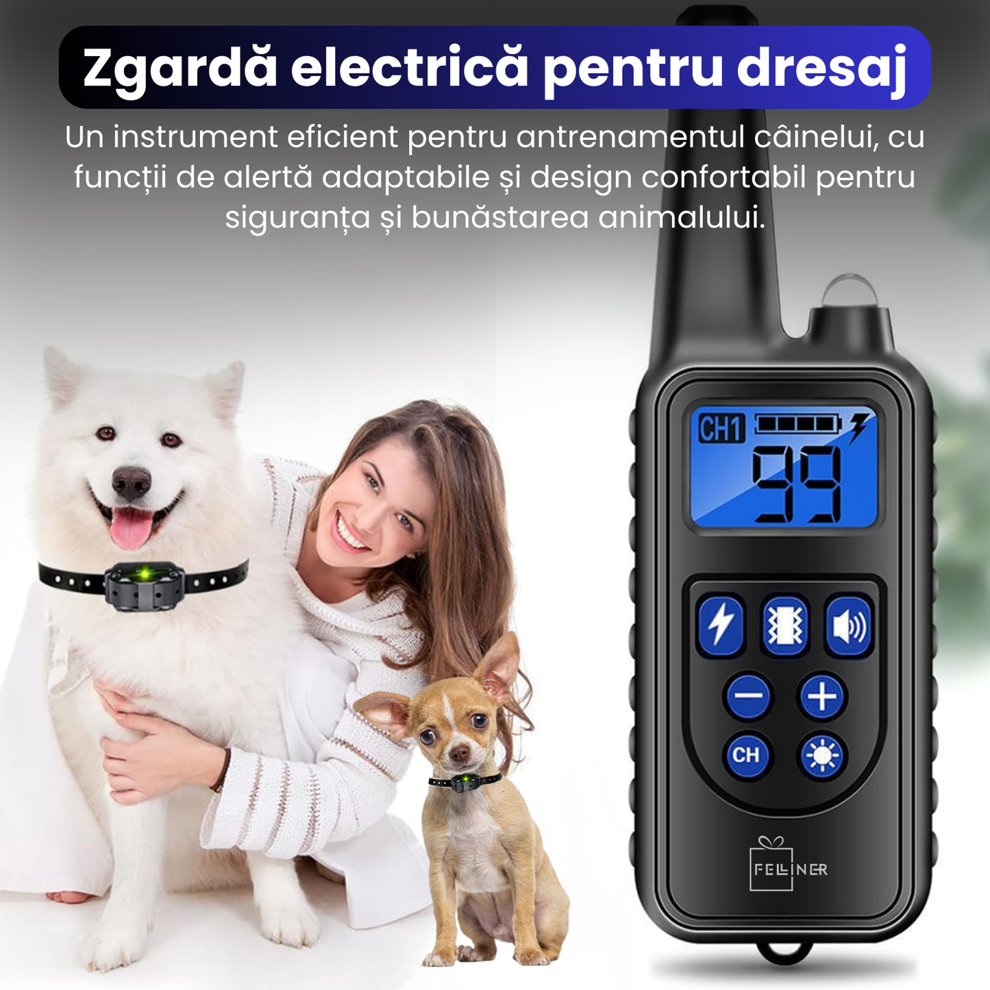 Zgarda electrica pentru 2 caini, baterie 300 mAh, raza 800 m, 3 moduri de antrenament, 99 nivele de vibratii, rezistenta la apa IP67, protectie piele, zgarda reglabila, negru