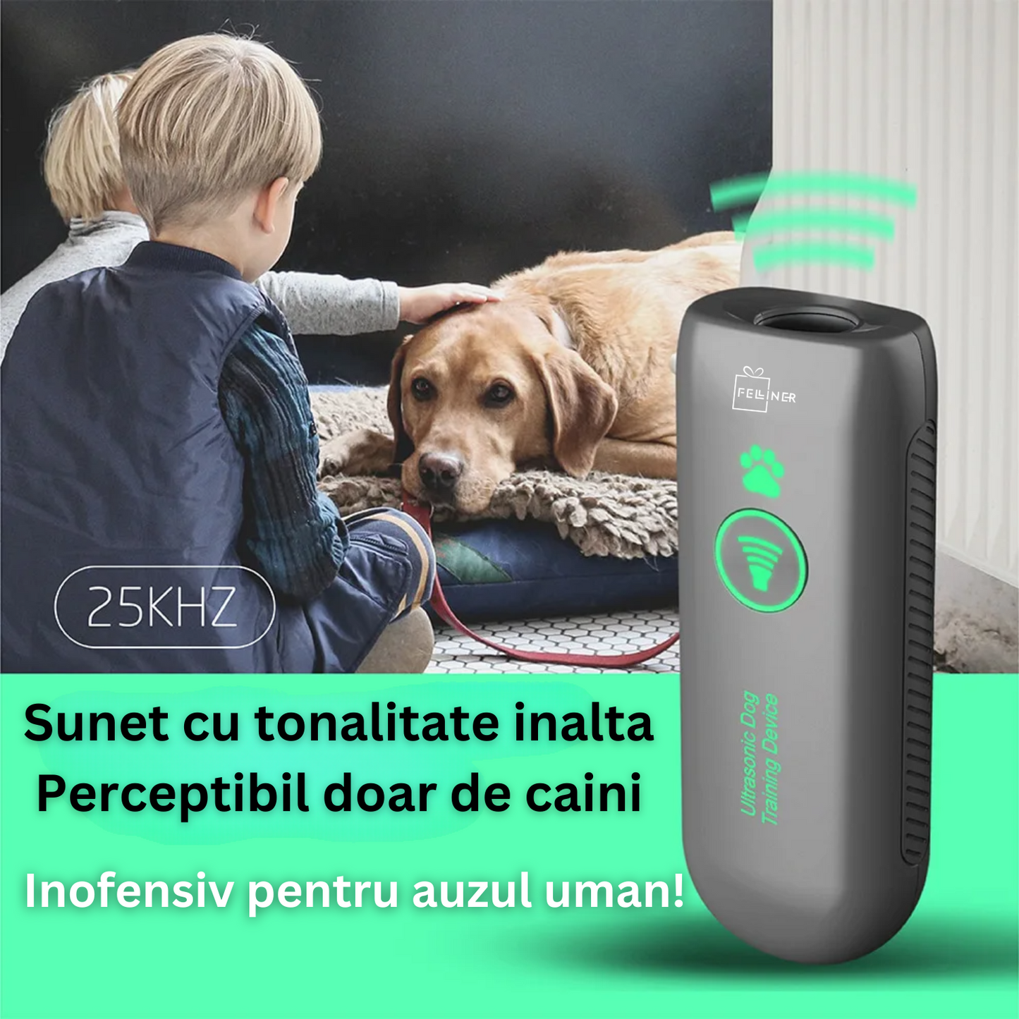 Dispozitiv anti-latrat cu ultrasunete pentru caini, Felliner, autonomie 15 zile, raza actiune 5 metrii, pentru dresaj, portabil