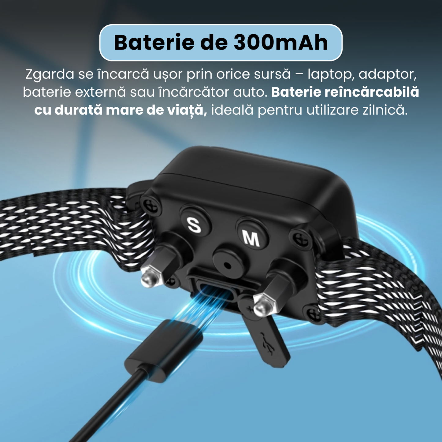 Zgarda antilatrat inteligenta cu senzor dublu, afisaj LED color, 4 moduri de antrenament, reglaj sensibilitate si intensitate, baterie 300 mAh, incarcare USB-C, rezistenta la apa IPX7, negru