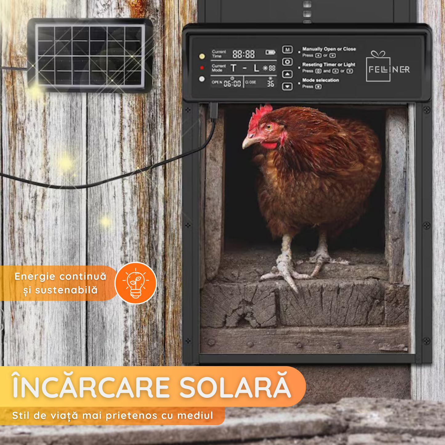 Usa automata pentru cotet gaini, alimenatare panou solar, cu senzor de lumina, telecomanda, temporizator, functie anti-prindere, impermeabilitate IP45, Negru