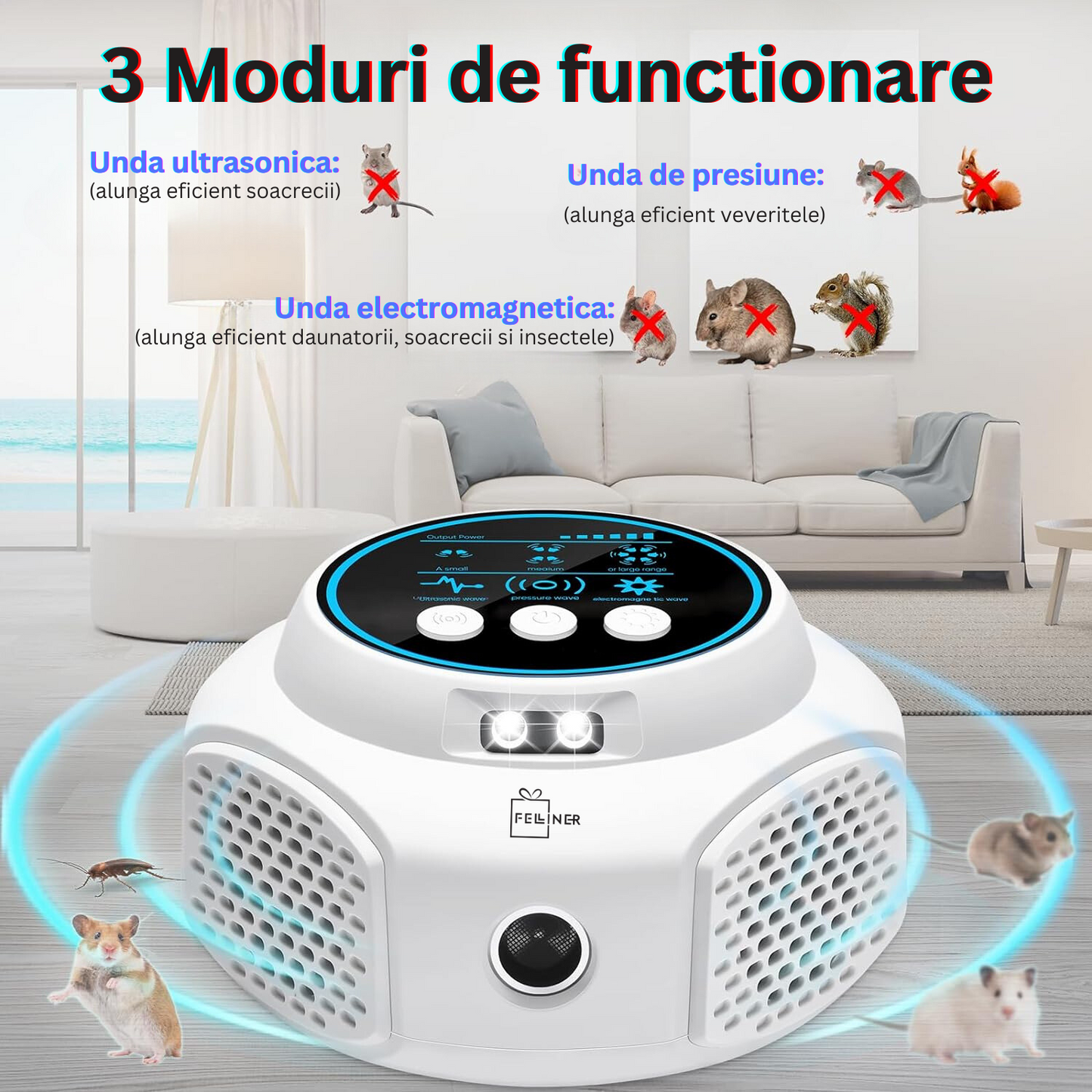 Dispozitiv cu ultrasunete impotriva rozatoarelor si a daunatorilor, sigur pentru om si animale de companie, actiune 360⁰, acoperire 120m2, 4 niveluri intensitate, Lumini intermitente, Alb