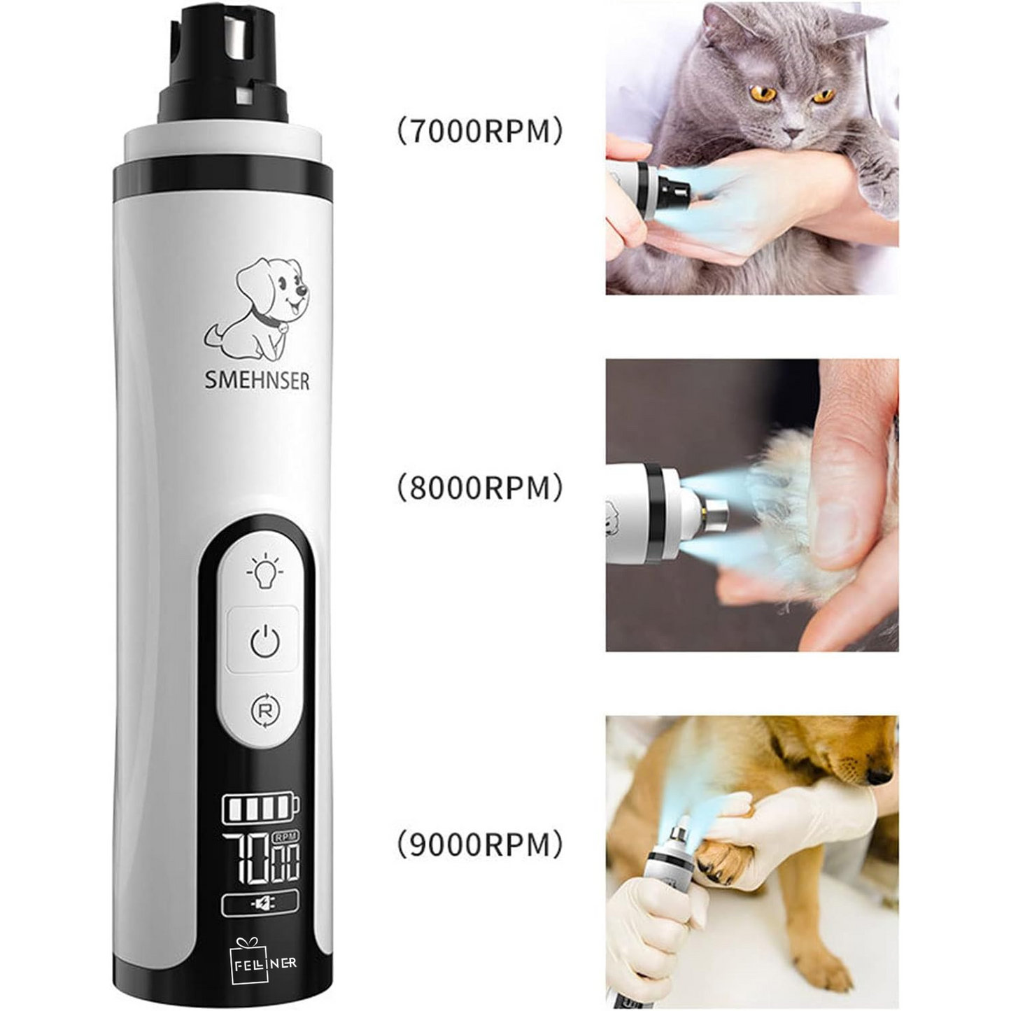 Pila electrica de unghii pentru animale de companie, ultra silentios, LED, 9000 RPM, 3 viteze, ecran LCD, alb