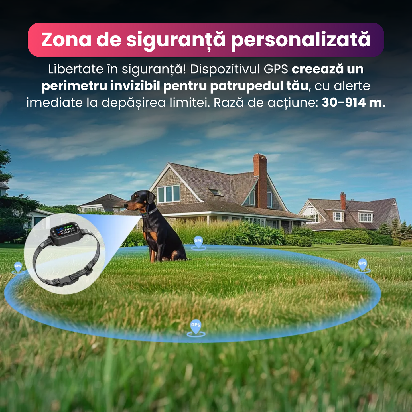 Zgarda electrica inteligenta TZ-G723 pentru caini, GPS, raza 30-914 m, alarma, vibratie/sunet, fara fir, IPX7, baterie 800 mAh, functie anti-pierdere si reintoarcere automata, negru