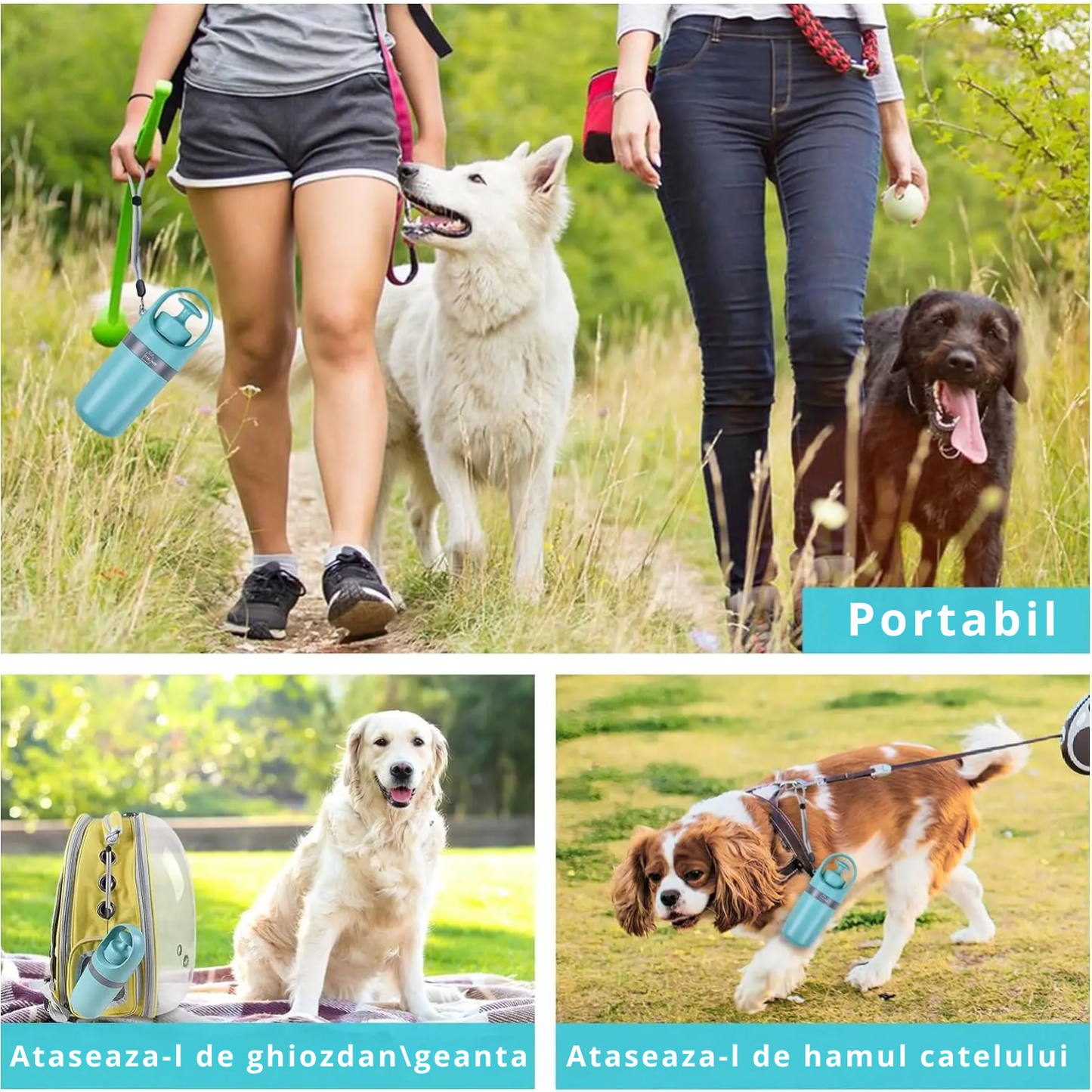 Colector excremente animale de companie, caini, pisici, Felliner, dispozitiv portabil pentru adunarea igienica a deseurilor, cleste cu 6 gheare, ABS, 6.5x19 cm, compartiment saci integrat, albastru