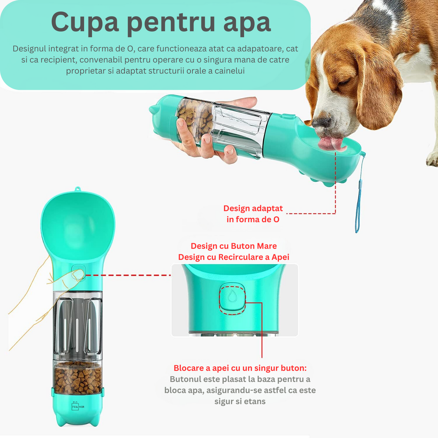 Dispenser portabil, multifunctional 4in1, pentru caini, cu castron, rezervor apa 300ml, recipient hrana 150ml, suport pungi igienice si lopatica pentru colectare excremente, turcoaz