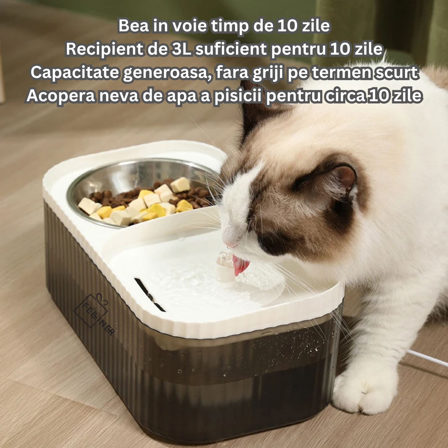 Dispenser apa automat cu bol pentru mancare, 2-1 tip fantana pentru pisici si caini, Felliner, 3L, ultra-silentios, purificare si filtrare, adaptor priza, Alb