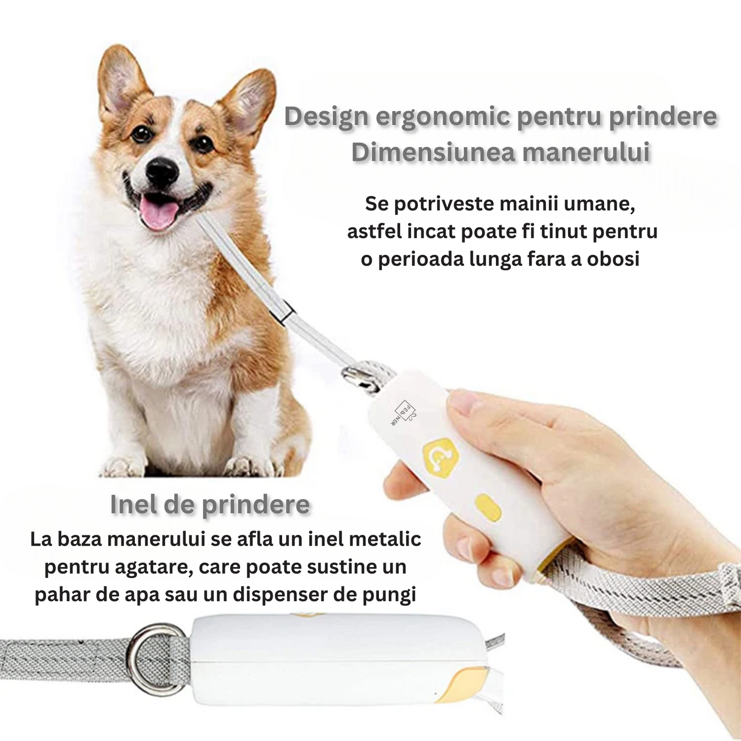 Lesa cu maner ergonomic, Felliner, pentru alergare si plimbari, 1.6m, reflectorizanta, sistem de prindere cu functie de blocare, alb