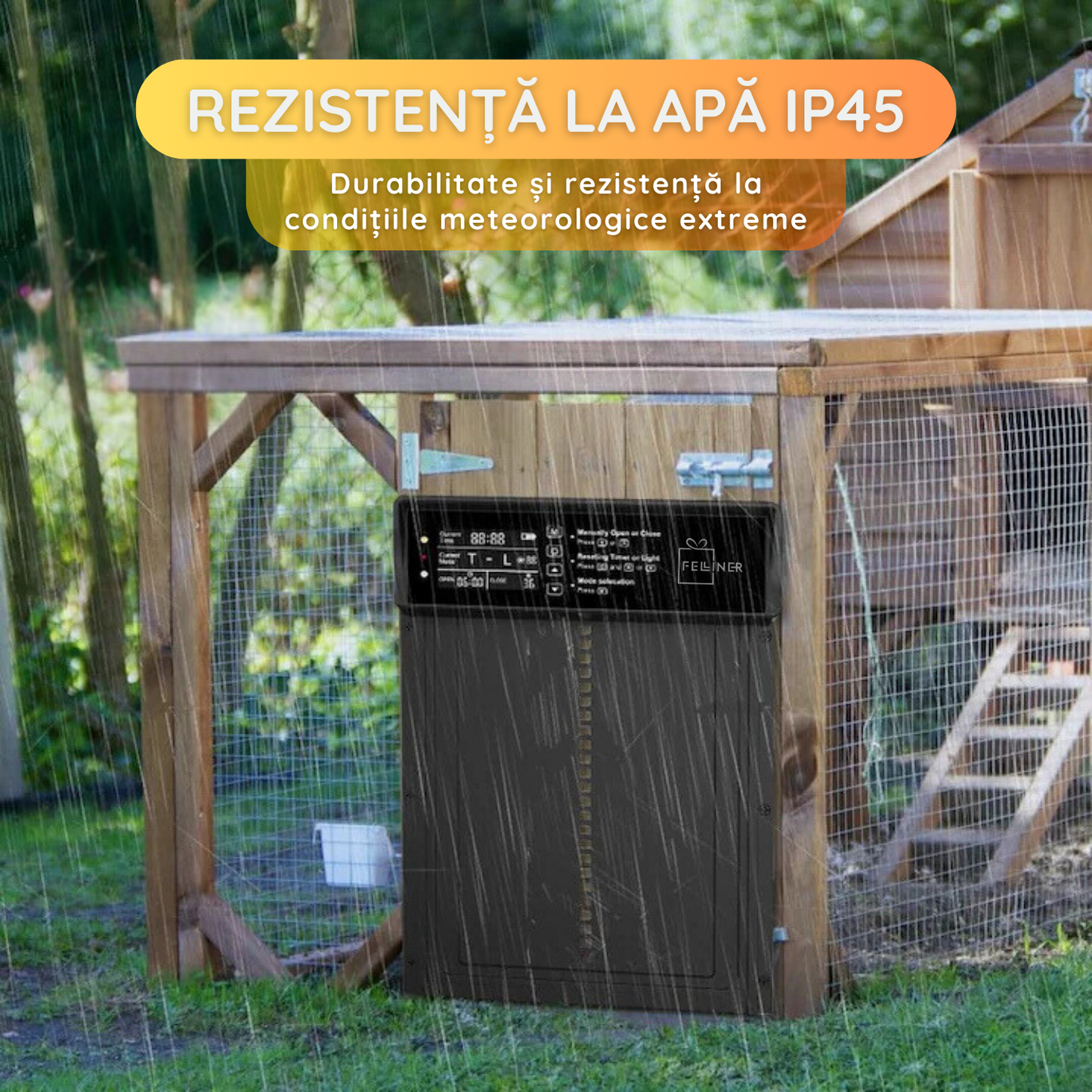 Usa automata pentru cotet gaini, alimenatare panou solar, cu senzor de lumina, telecomanda, temporizator, functie anti-prindere, impermeabilitate IP45, Negru