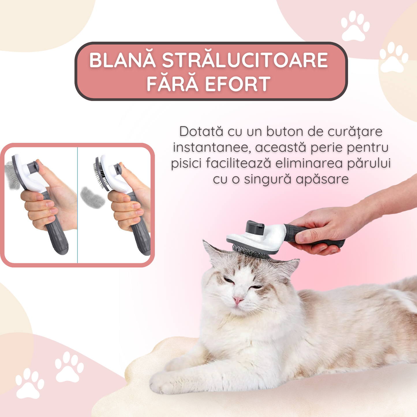 Perie auto-curatabila pentru caini si pisici, cu maner ergonomic anti-alunecare, pentru blana scurta si lunga, Gri