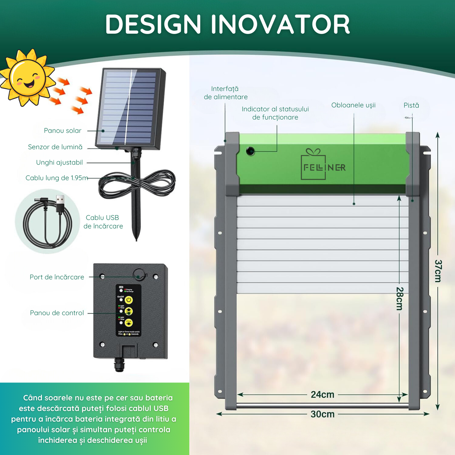 Usa automata pentru cotet gaini, alimentare panou solar, telecomanda, temporizator, senzor de lumina, senzor obstacol, control telecomanda, impermeabil IP67, verde
