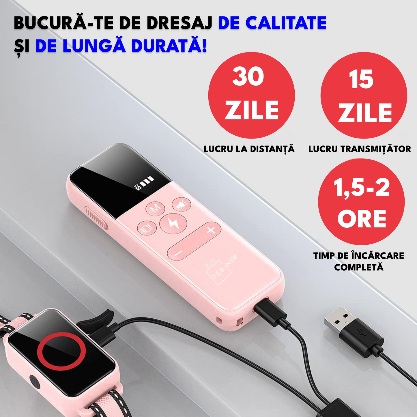 Zgarda electrica dresaj pentru 2 caini, GE-G22, raza actiune 1000 metrii, gard electronic, vibratie, sunet si localizare, rezistenta la apa IPX7, autonomie standby 60 zile, roz