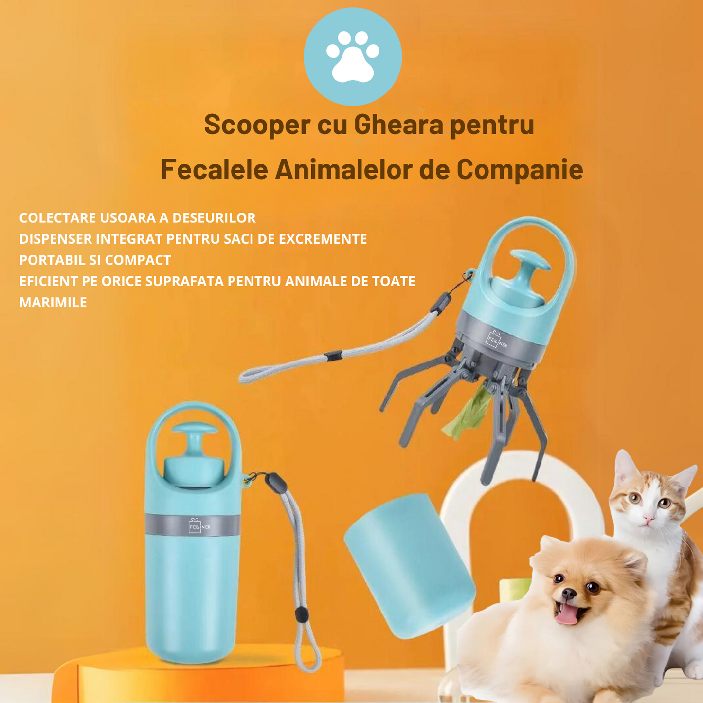Colector excremente animale de companie, caini, pisici, Felliner, dispozitiv portabil pentru adunarea igienica a deseurilor, cleste cu 6 gheare, ABS, 6.5x19 cm, compartiment saci integrat, albastru