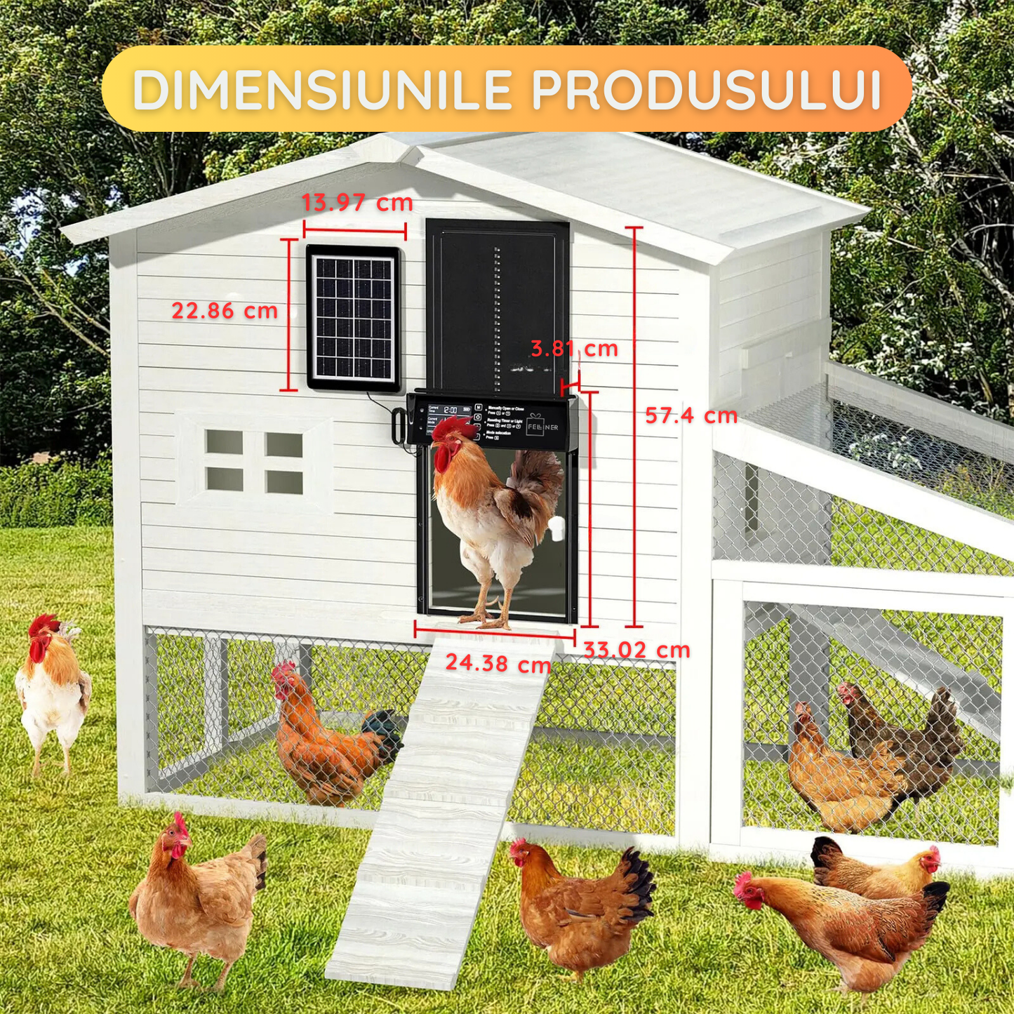 Usa automata pentru cotet gaini, alimenatare panou solar, cu senzor de lumina, telecomanda, temporizator, functie anti-prindere, impermeabilitate IP45, Negru