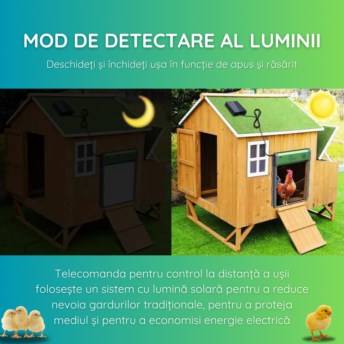 Usa automata pentru cotet gaini, alimentare panou solar, telecomanda, temporizator, senzor de lumina, senzor obstacol, control telecomanda, impermeabil IP67, verde