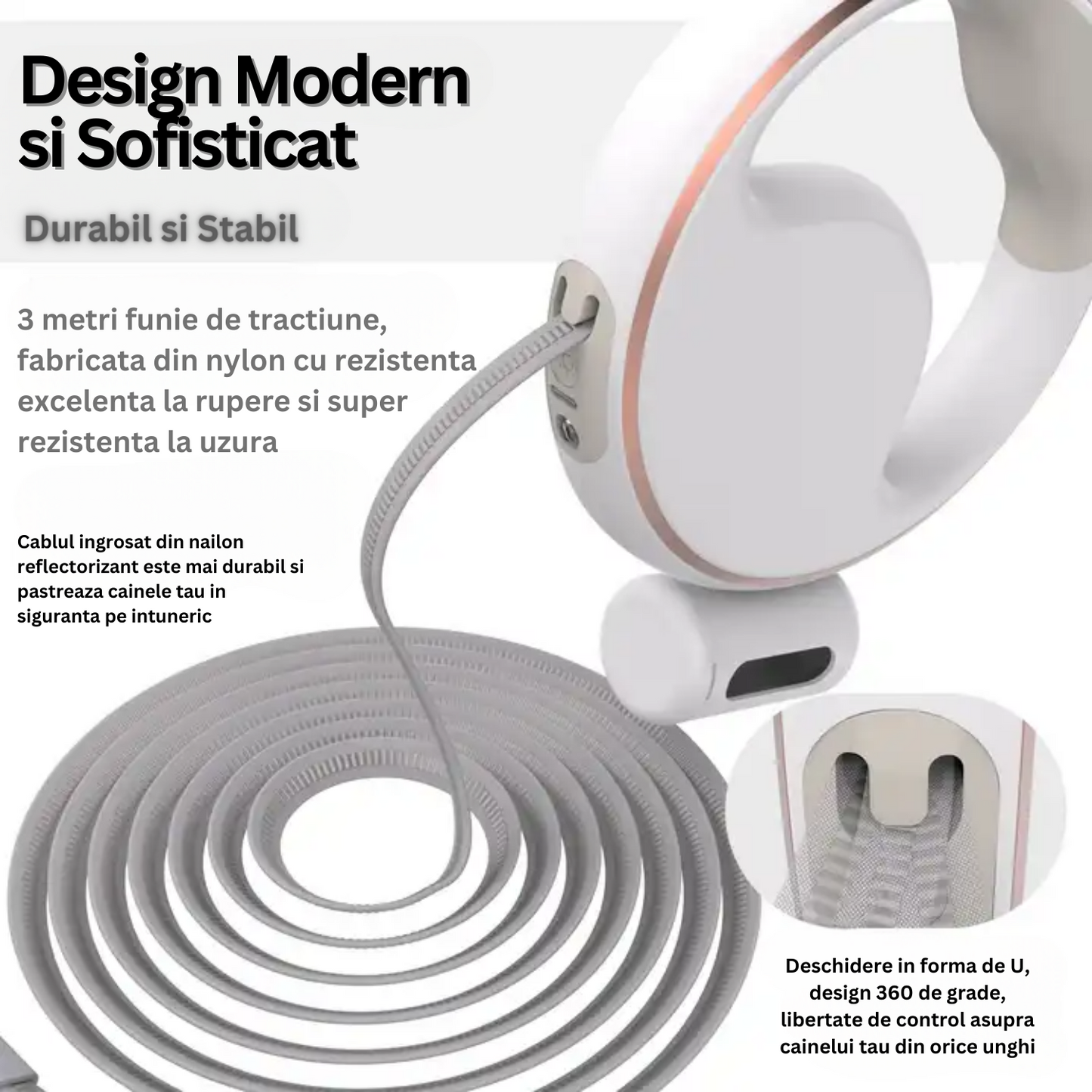 Lesa retractabila cu lanterna LED, Felliner, suport pentru saculeti igienici, reflectorizanta, design ergonomic si modern, anti-soc, 3m, alb
