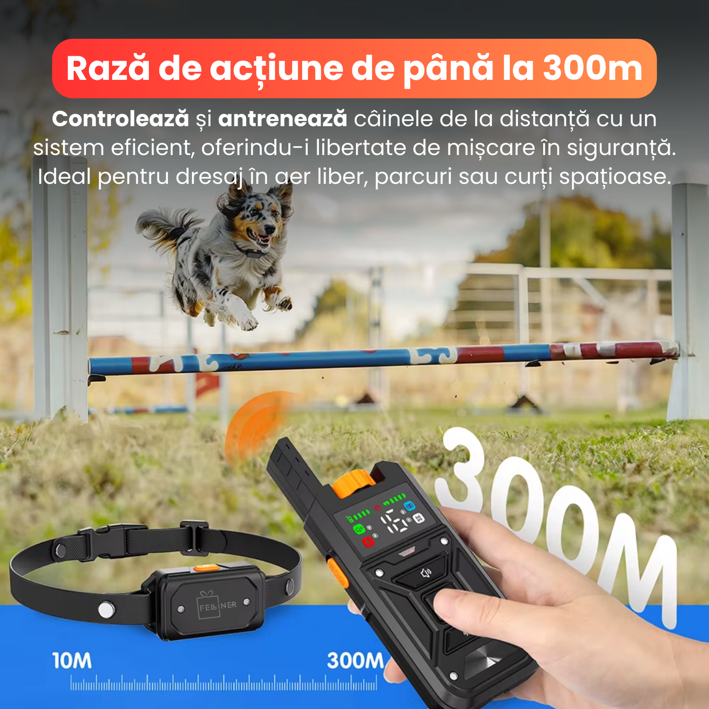 Zgarda electrica 2 in 1 pentru caini, TZ-382, gard wireless + functie de dresaj, raza 10–300m, 3 moduri de corectie sunet, vibratie, soc, baterie 500 mAh, rezistenta la apa IPX7, negru
