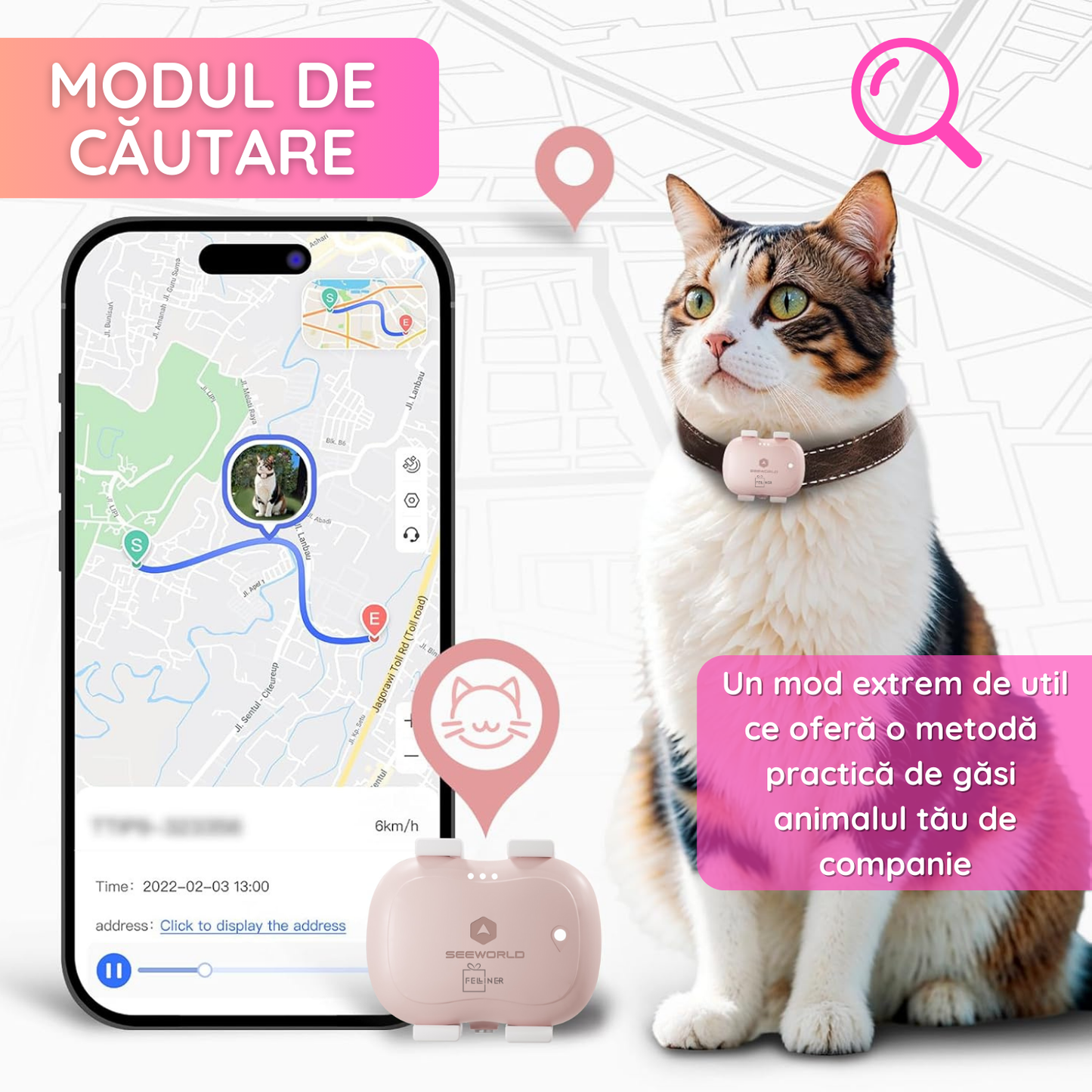 Dispozitiv monitorizare, pentru pisici si caini, gard virtual, autonomie 5-10 zile, rezistenta la apa IP67, SIM 4G, roz
