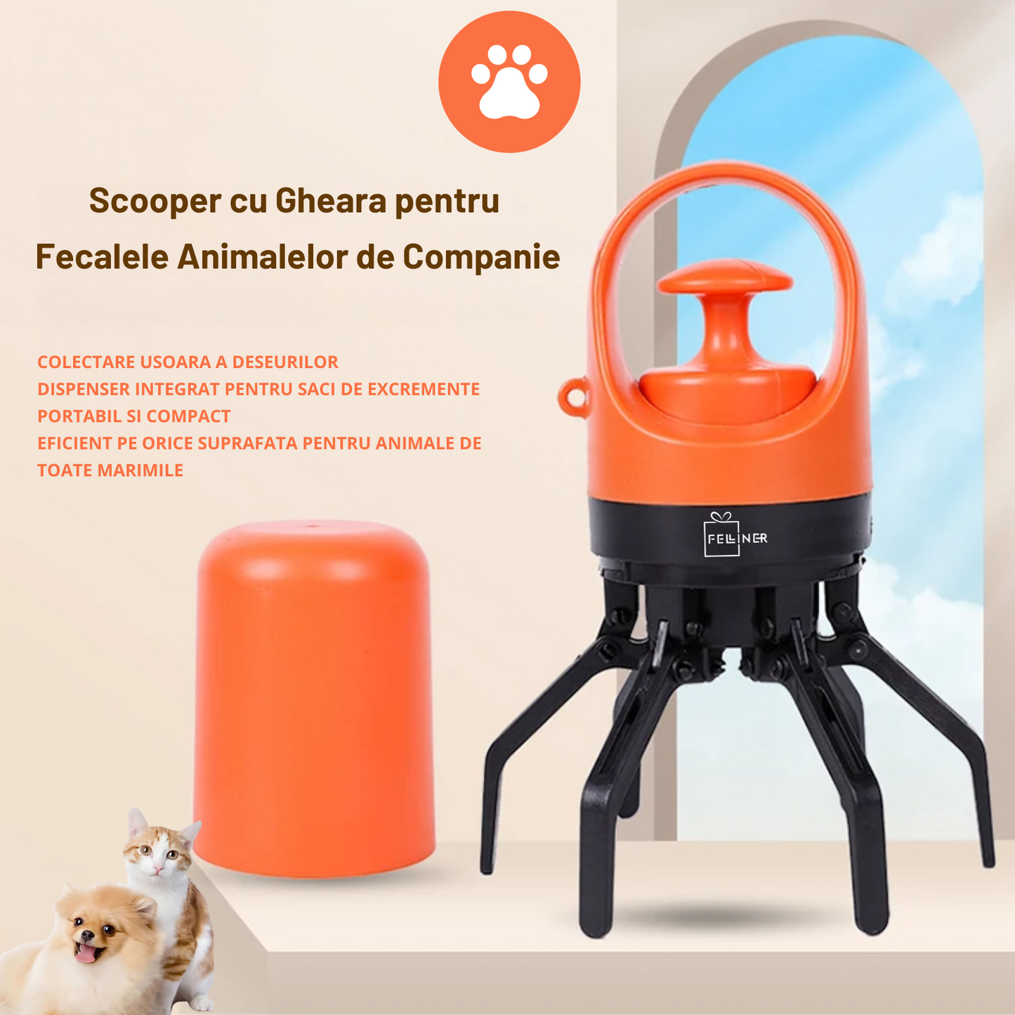 Colector excremente animale de companie, caini, pisici, Felliner, dispozitiv portabil pentru adunarea igienica a deseurilor, cleste cu 6 gheare, ABS, 6.5x19 cm, compartiment saci integrat, portocaliu