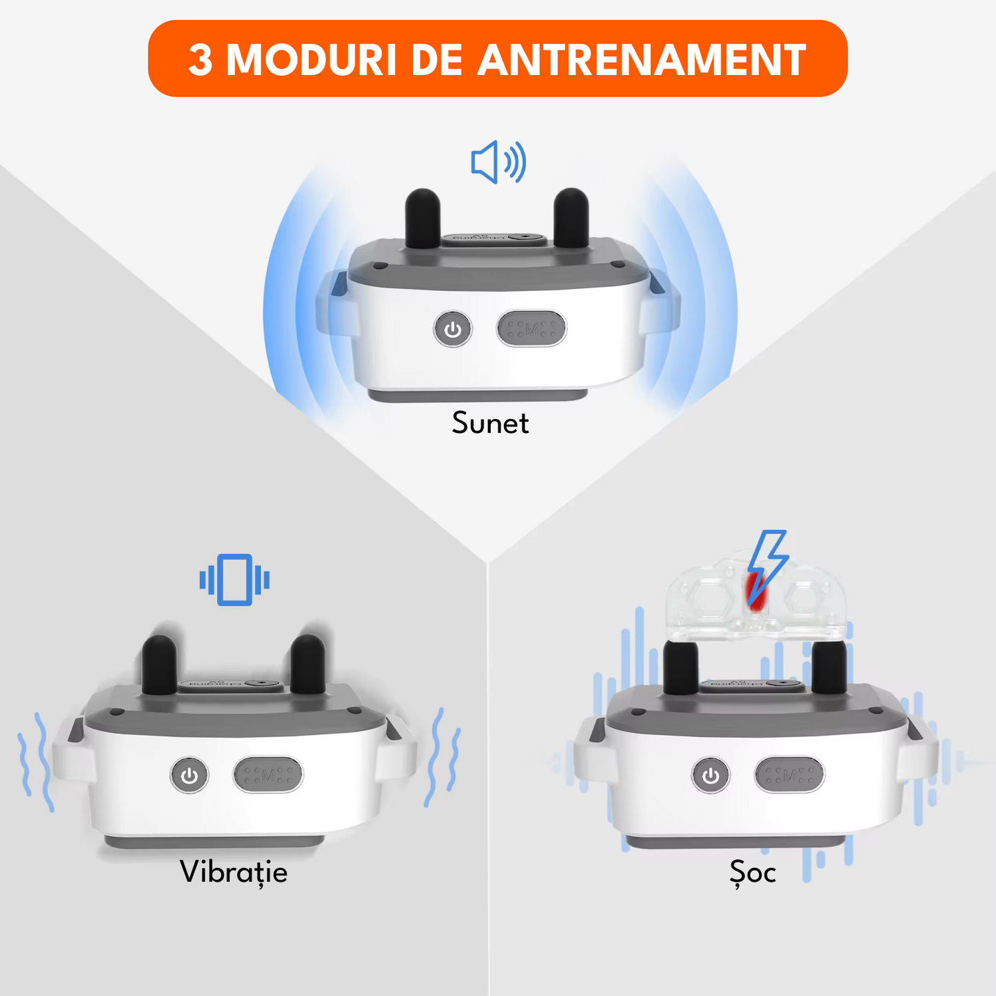 Zgarda inteligenta pentru dresaj, raza actiune 800m, 3 functii, rezistent la apa IP67, reglabila, gri
