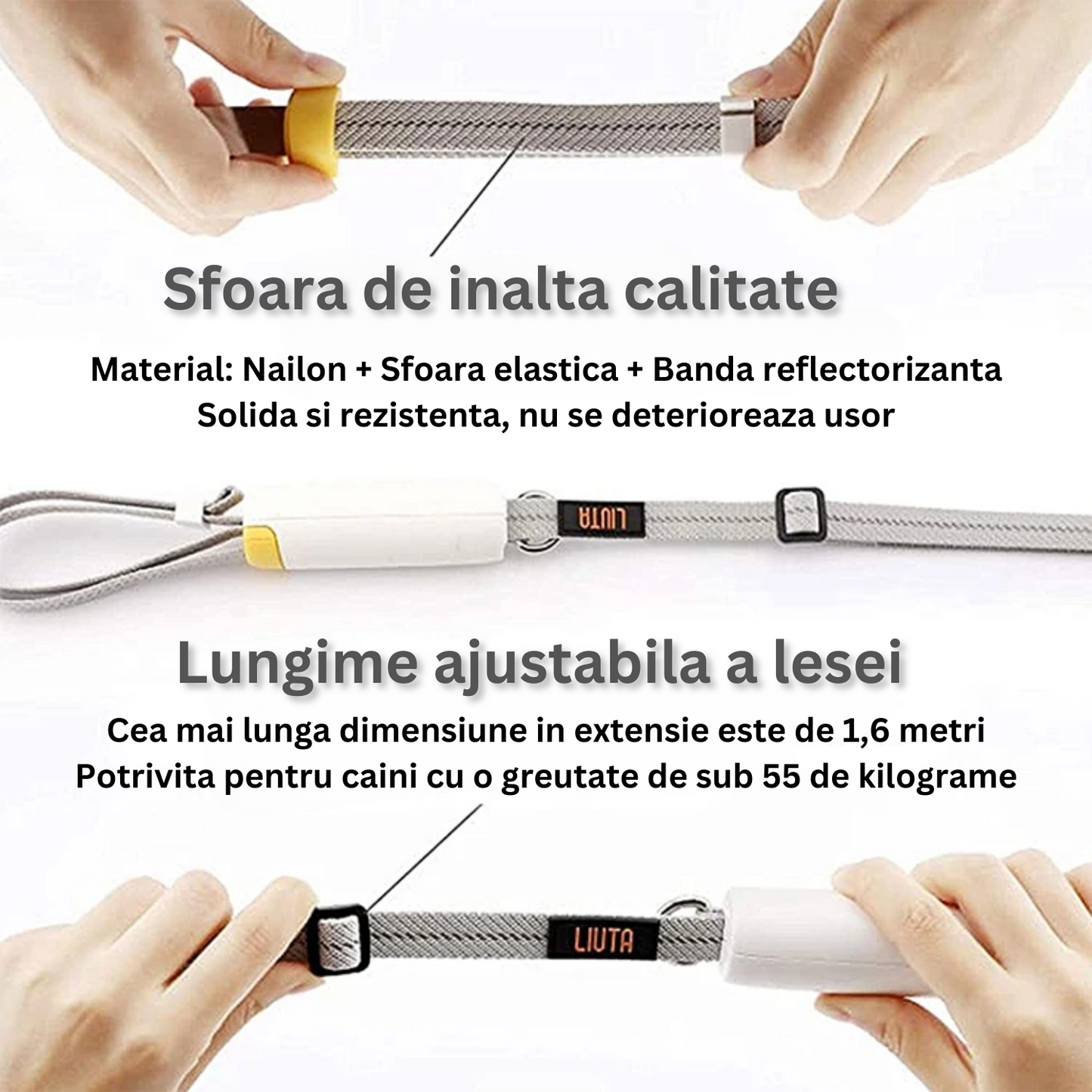 Lesa cu maner ergonomic, Felliner, pentru alergare si plimbari, 1.6m, reflectorizanta, sistem de prindere cu functie de blocare, alb