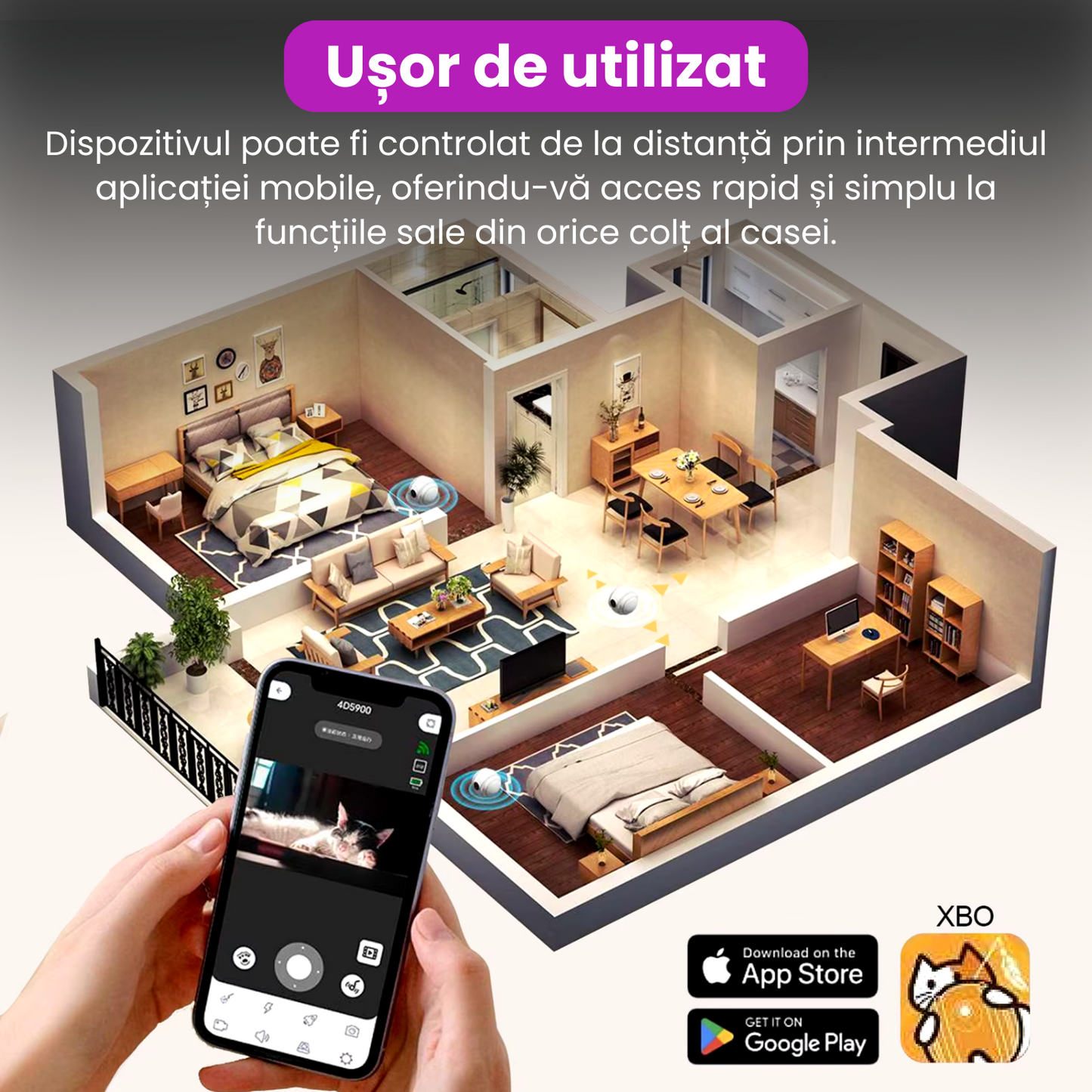 Jucarie smart interactiva pentru pisici, camera duala 4K, comunicare bidirectionala, baterie 800 mAh, rotire 360°, incarcare USB, alb