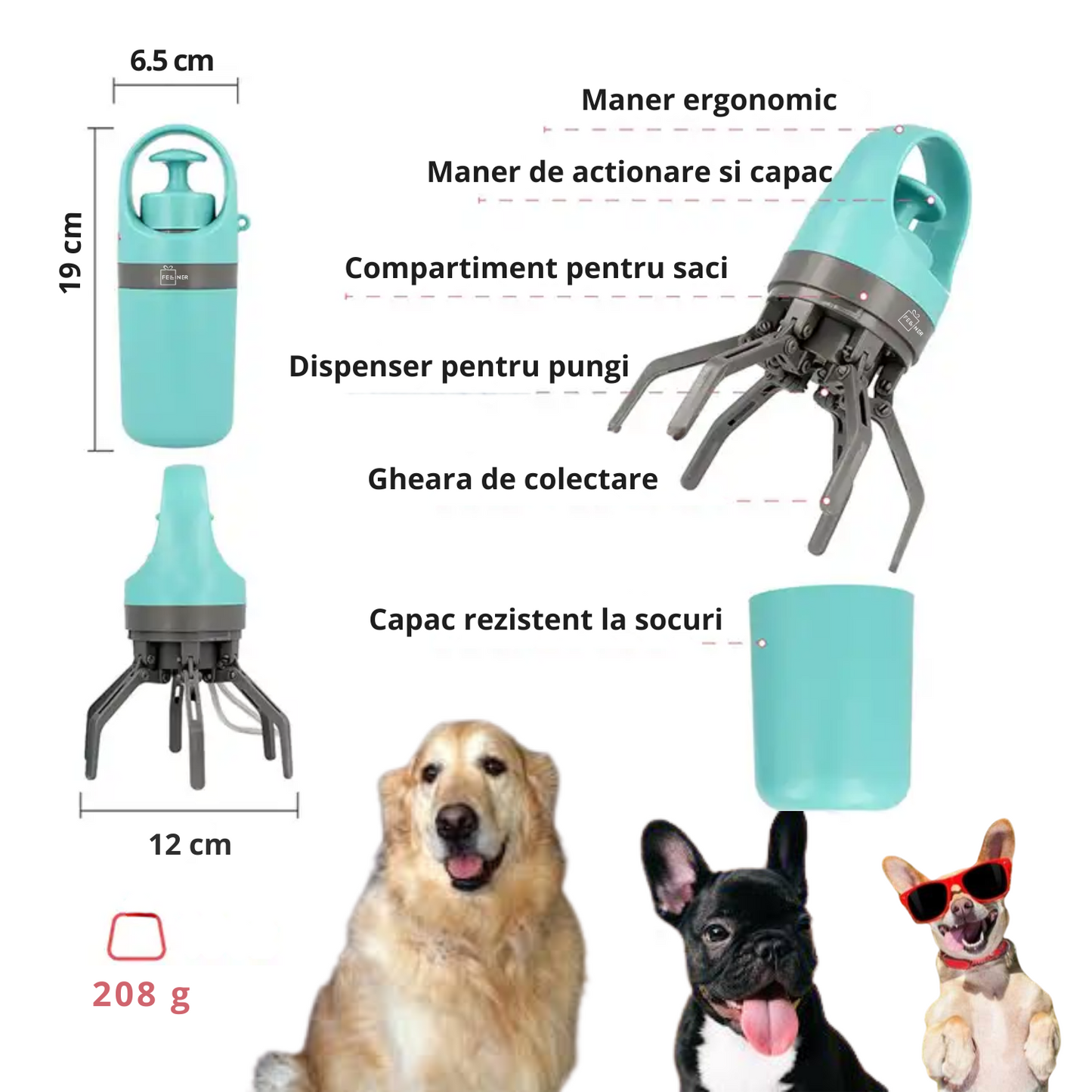 Colector excremente animale de companie, caini, pisici, Felliner, dispozitiv portabil pentru adunarea igienica a deseurilor, cleste cu 6 gheare, ABS, 6.5x19 cm, compartiment saci integrat, albastru