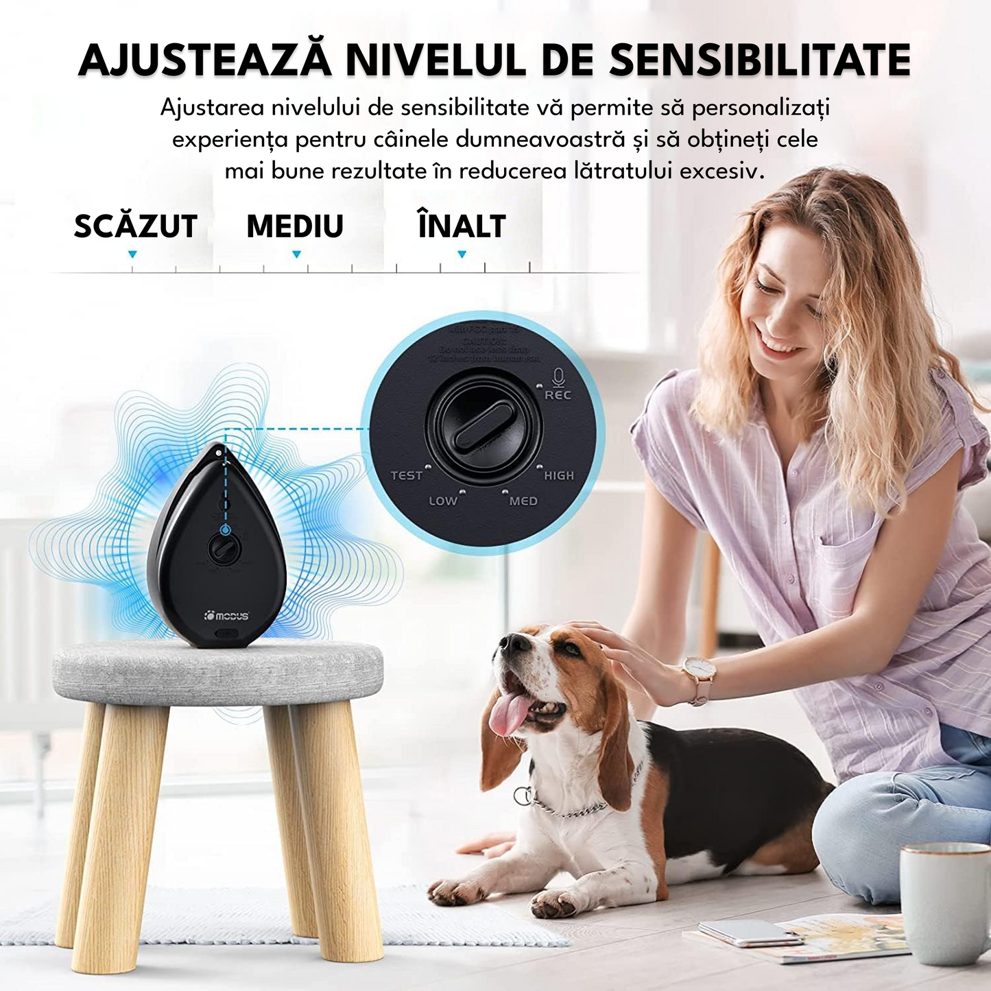 Dispozitiv anti-latrat pentru caini cu ultrasunete 15 m, potrivit pentru toate taliile, rezistent la apa, 3 nivele de sensibilitate, negru