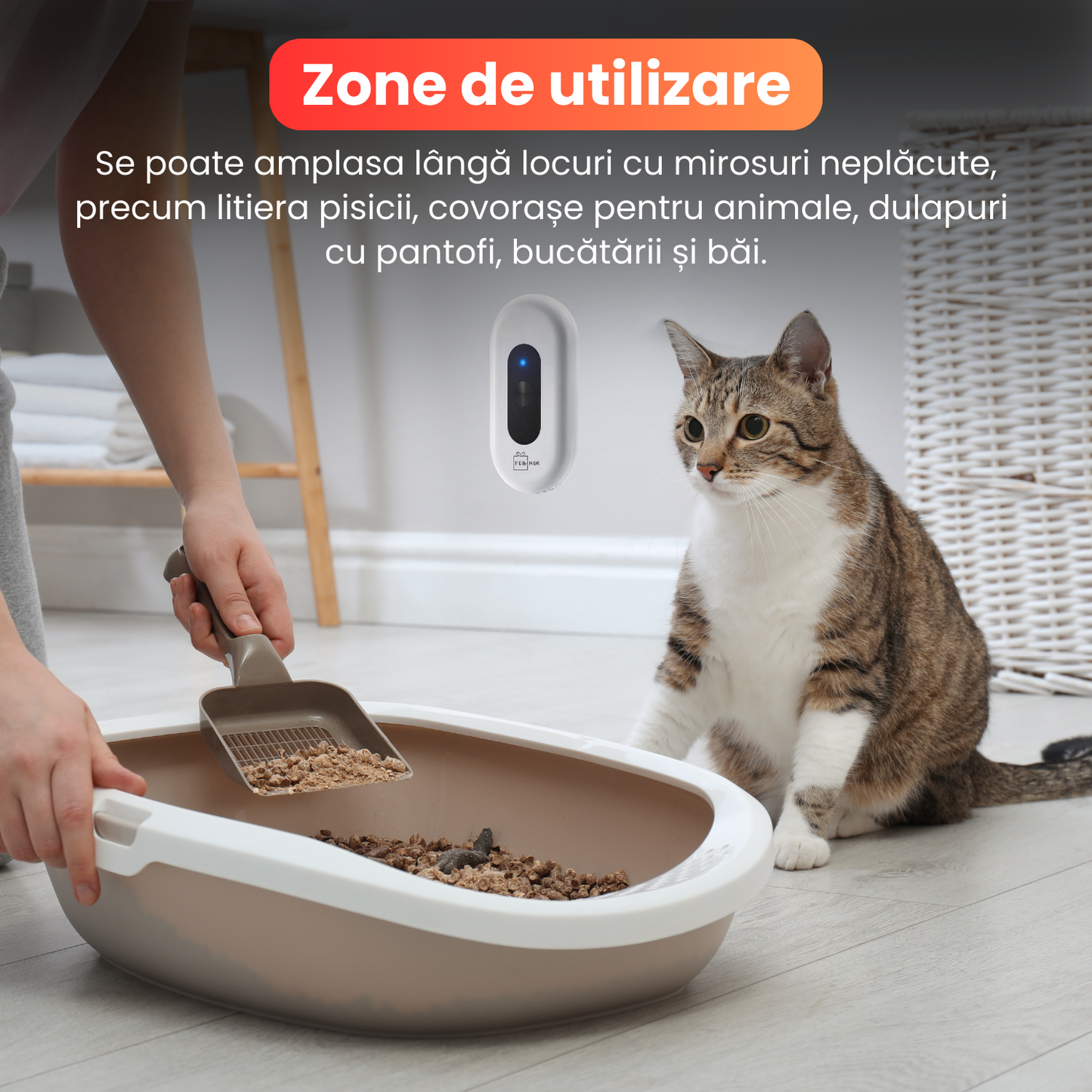 Purificator aer pentru litiera pisici, baterie 2600 mAh, monitorizare non-stop, incarcare USB, mod selentios, alb