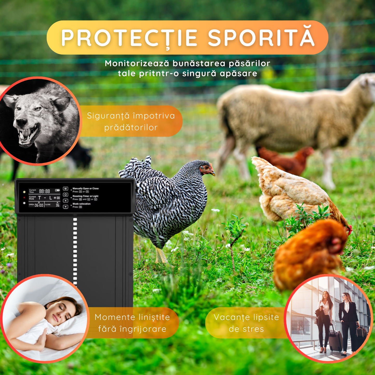 Usa automata pentru cotet gaini, alimenatare panou solar, cu senzor de lumina, telecomanda, temporizator, functie anti-prindere, impermeabilitate IP45, Negru