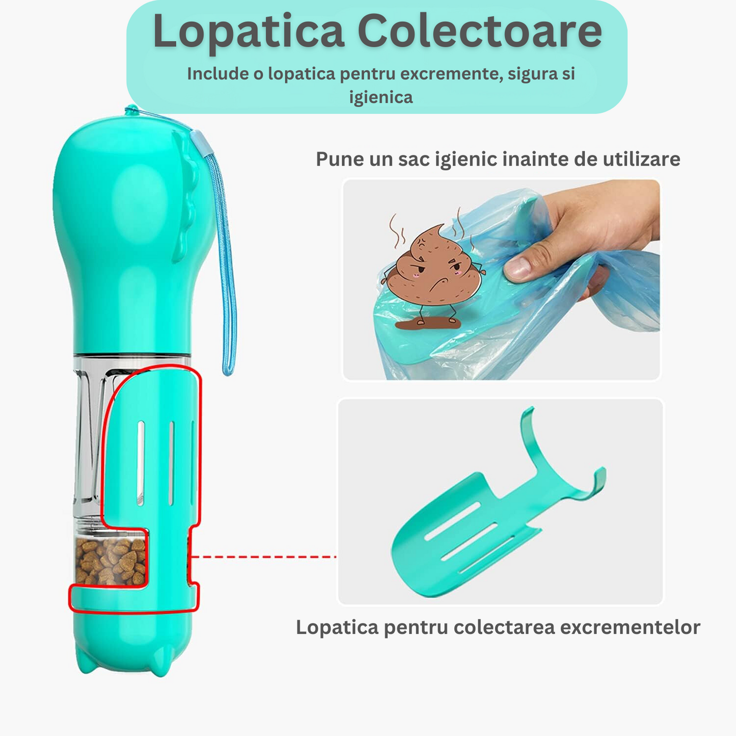 Dispenser portabil, multifunctional 4in1, pentru caini, cu castron, rezervor apa 300ml, recipient hrana 150ml, suport pungi igienice si lopatica pentru colectare excremente, turcoaz