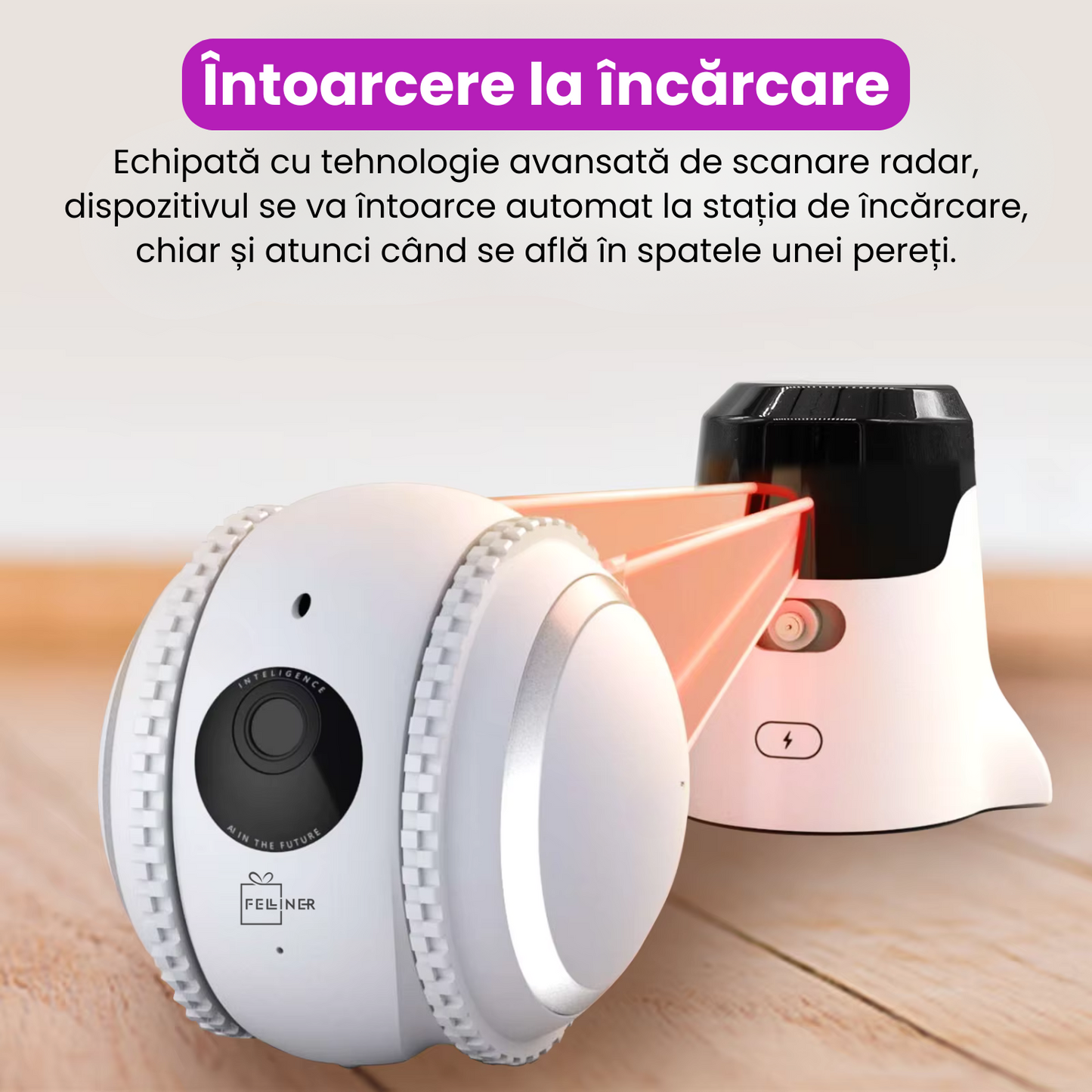 Jucarie smart interactiva pentru pisici, camera duala 4K, comunicare bidirectionala, baterie 800 mAh, rotire 360°, incarcare USB, alb
