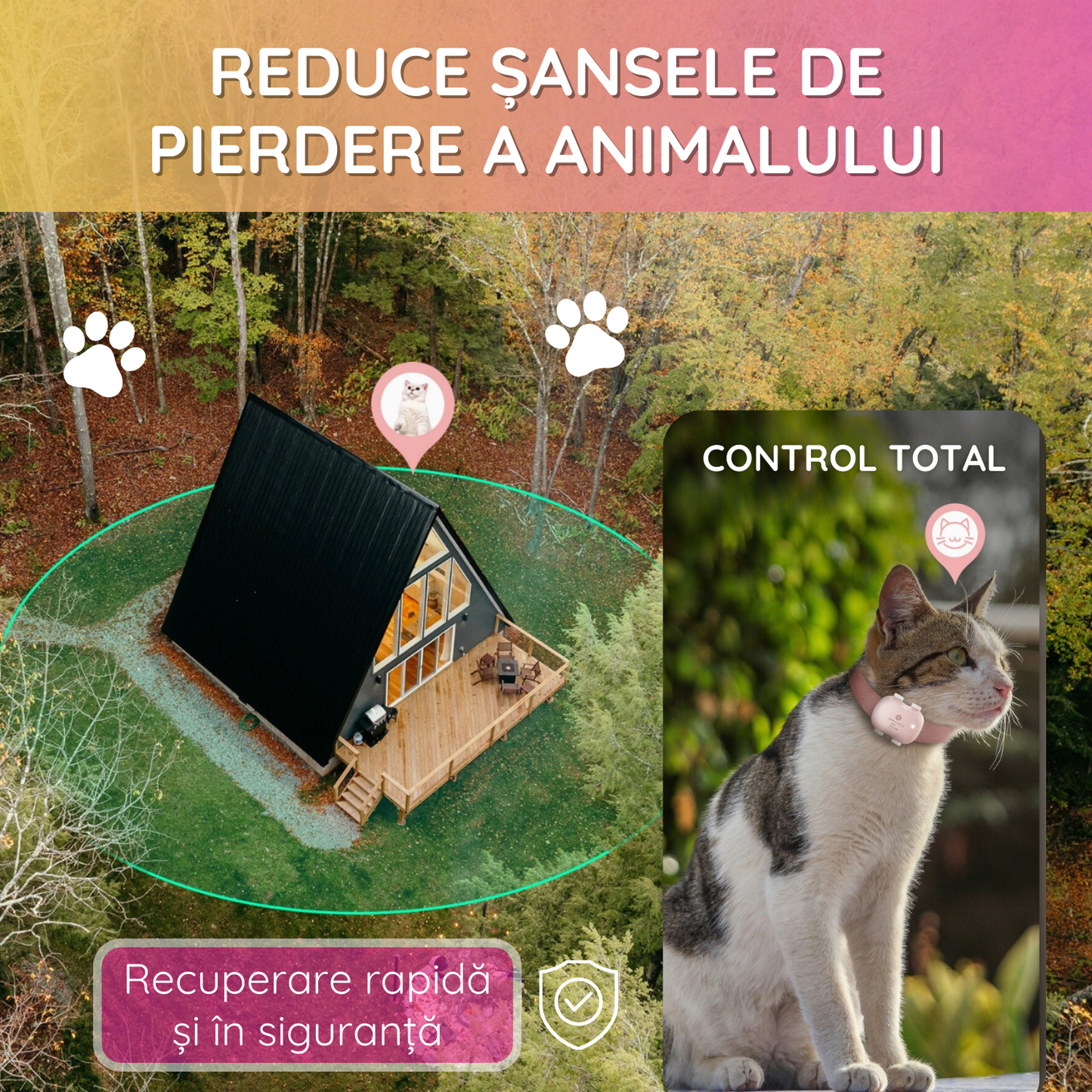 Dispozitiv monitorizare, pentru pisici si caini, gard virtual, autonomie 5-10 zile, rezistenta la apa IP67, SIM 4G, roz