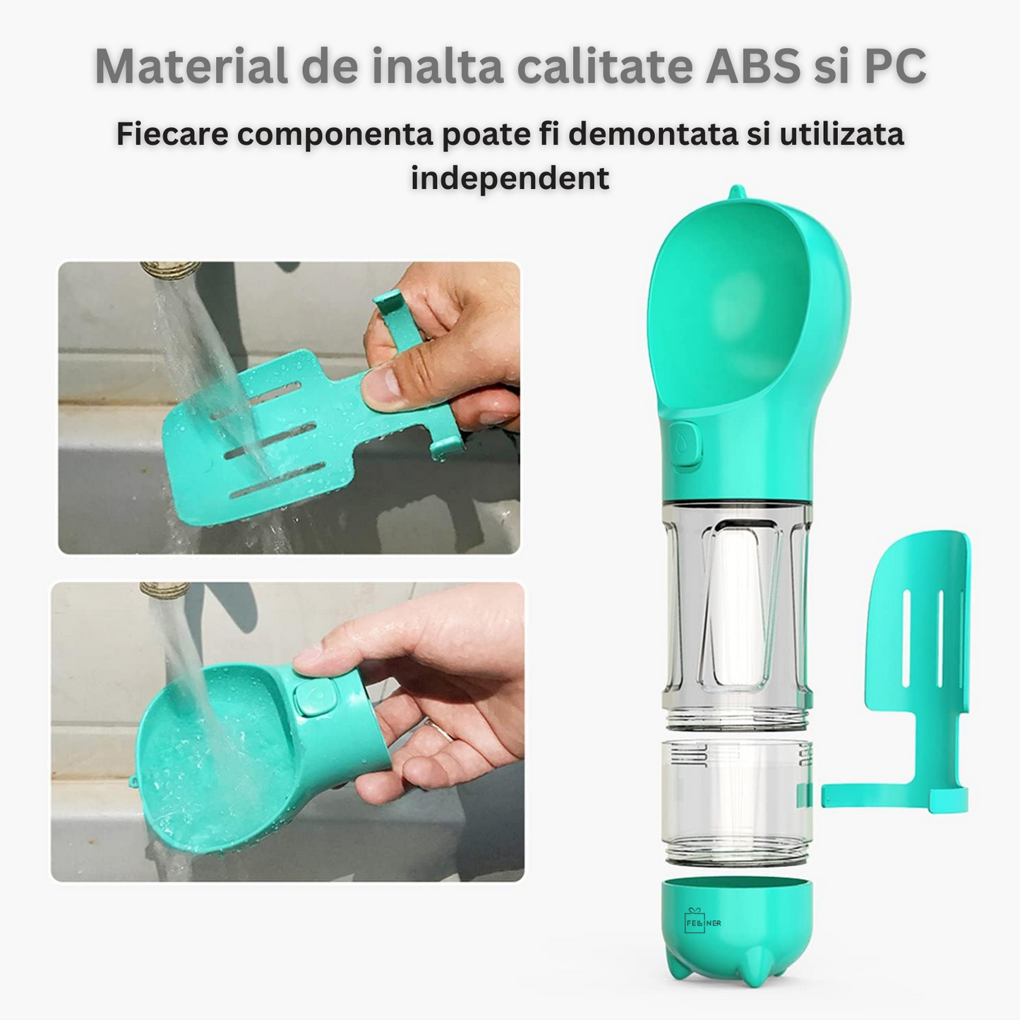 Dispenser portabil, multifunctional 4in1, pentru caini, cu castron, rezervor apa 300ml, recipient hrana 150ml, suport pungi igienice si lopatica pentru colectare excremente, turcoaz