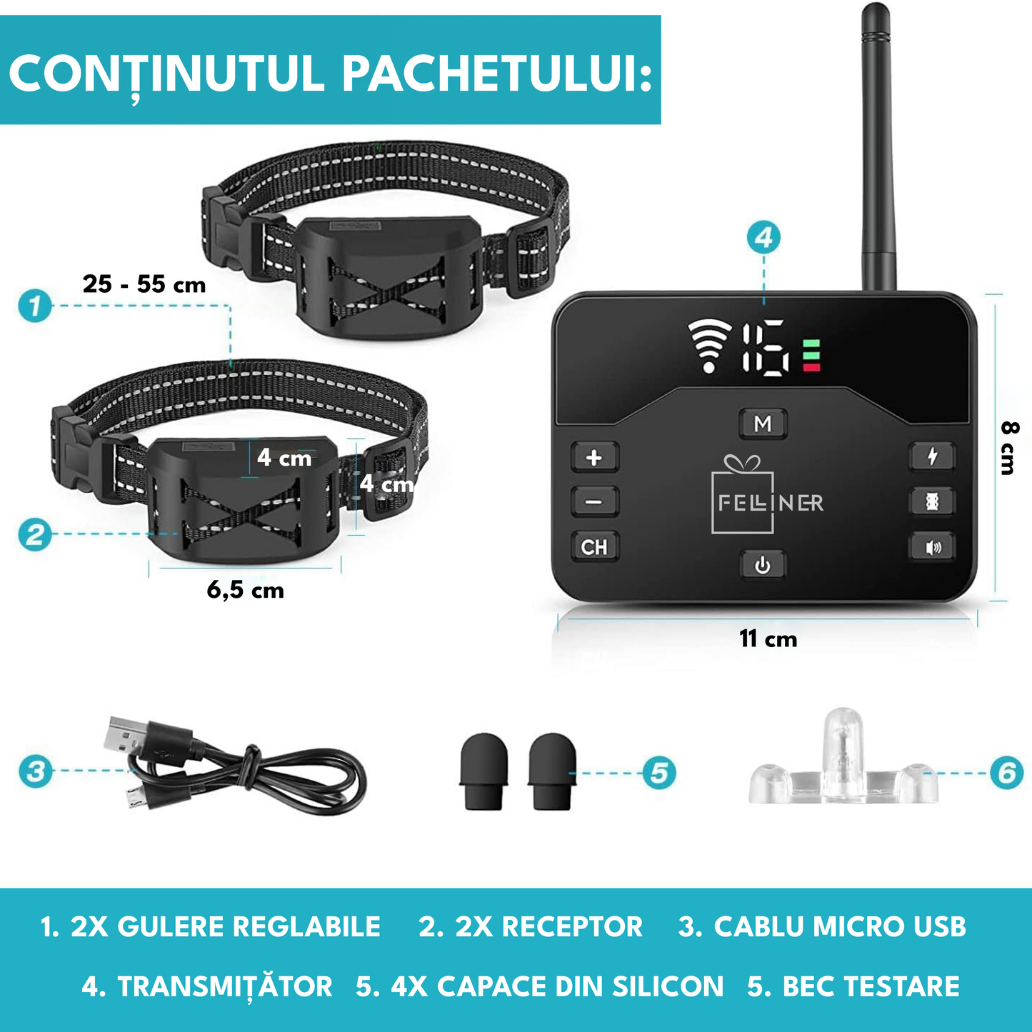 Zgarda electrica dresaj pentru 2 caini, TZ-H0-S24, gard electronic, raza actiune 260 metrii, gard electronic, rezistent la apa IPX65, impuls electrostatic, vibratie si localizare, semnal 2.4G, autonomie 170 zile, negru