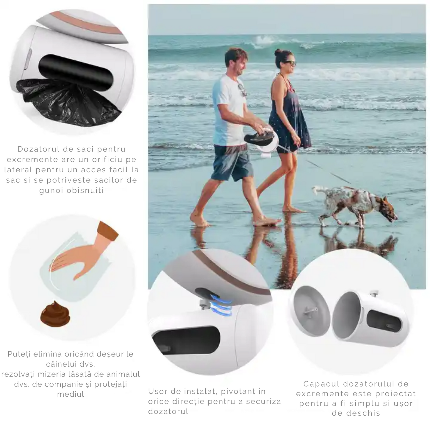 Lesa retractabila cu lanterna LED, Felliner, suport pentru saculeti igienici, reflectorizanta, design ergonomic si modern, anti-soc, 3m, alb