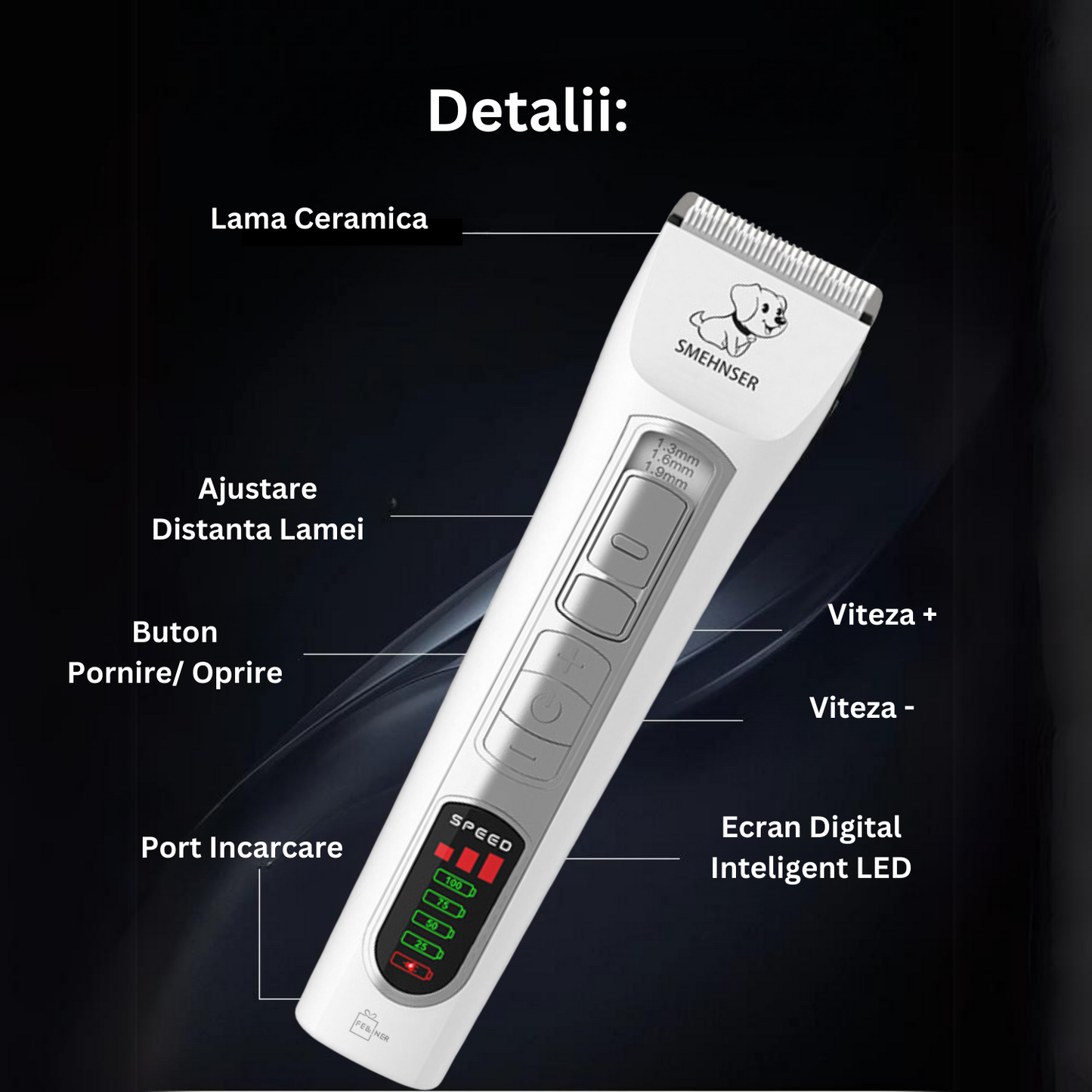 Masina de tuns profesionala pentru caini si pisici, fara fir, 7000RPM, autonomie 190min, lama ceramica, ecran digital LCD, alb