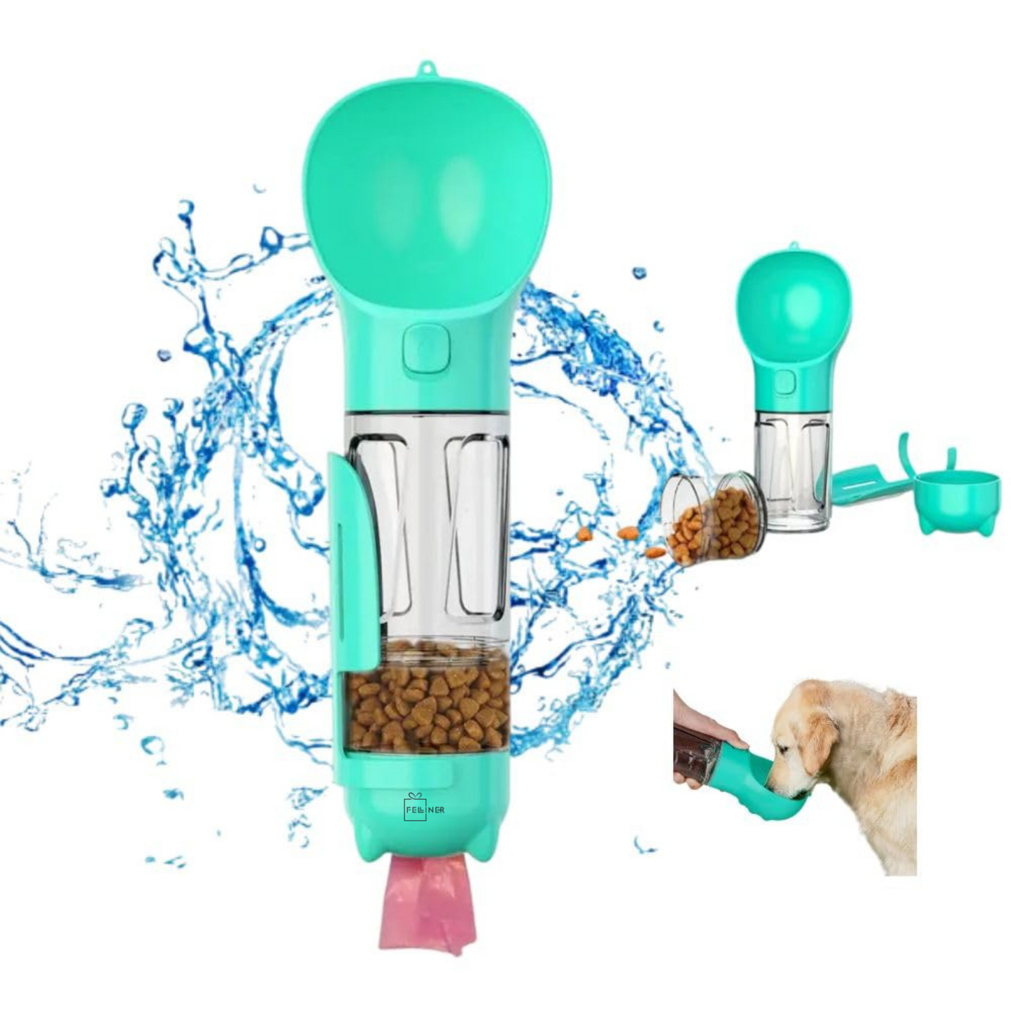 Dispenser portabil, multifunctional 4in1, pentru caini, cu castron, rezervor apa 300ml, recipient hrana 150ml, suport pungi igienice si lopatica pentru colectare excremente, turcoaz