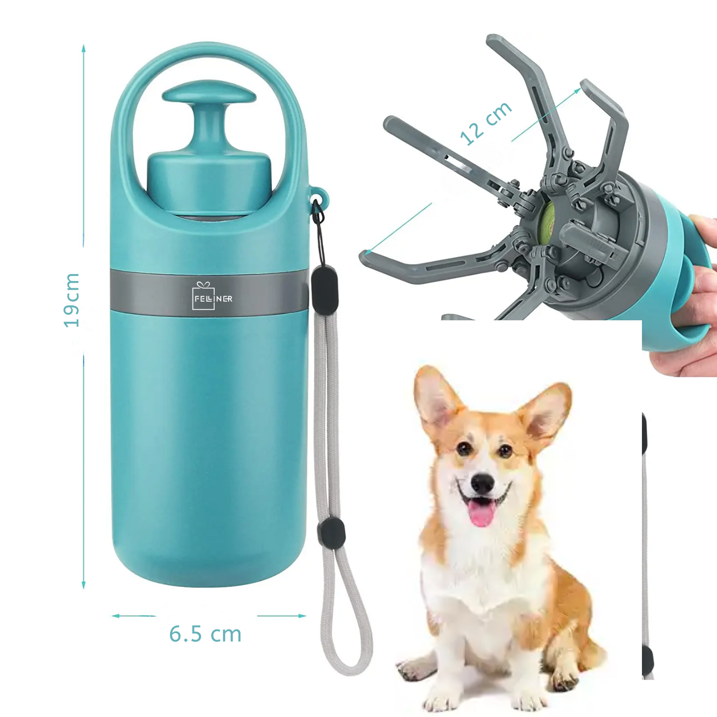 Colector excremente animale de companie, caini, pisici, Felliner, dispozitiv portabil pentru adunarea igienica a deseurilor, cleste cu 6 gheare, ABS, 6.5x19 cm, compartiment saci integrat, albastru