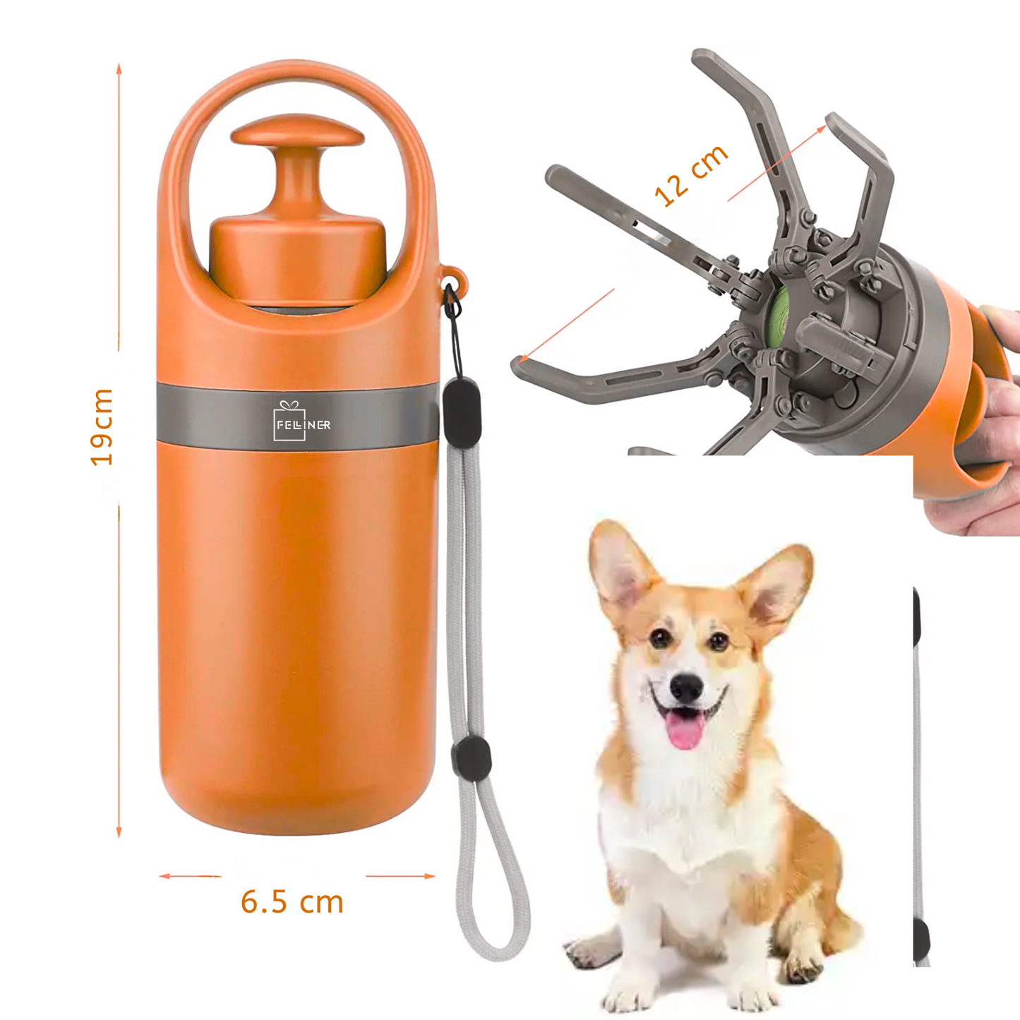 Colector excremente animale de companie, caini, pisici, Felliner, dispozitiv portabil pentru adunarea igienica a deseurilor, cleste cu 6 gheare, ABS, 6.5x19 cm, compartiment saci integrat, portocaliu