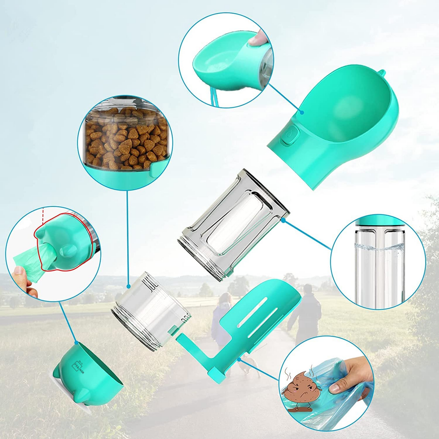 Dispenser portabil, multifunctional 4in1, pentru caini, cu castron, rezervor apa 300ml, recipient hrana 150ml, suport pungi igienice si lopatica pentru colectare excremente, turcoaz